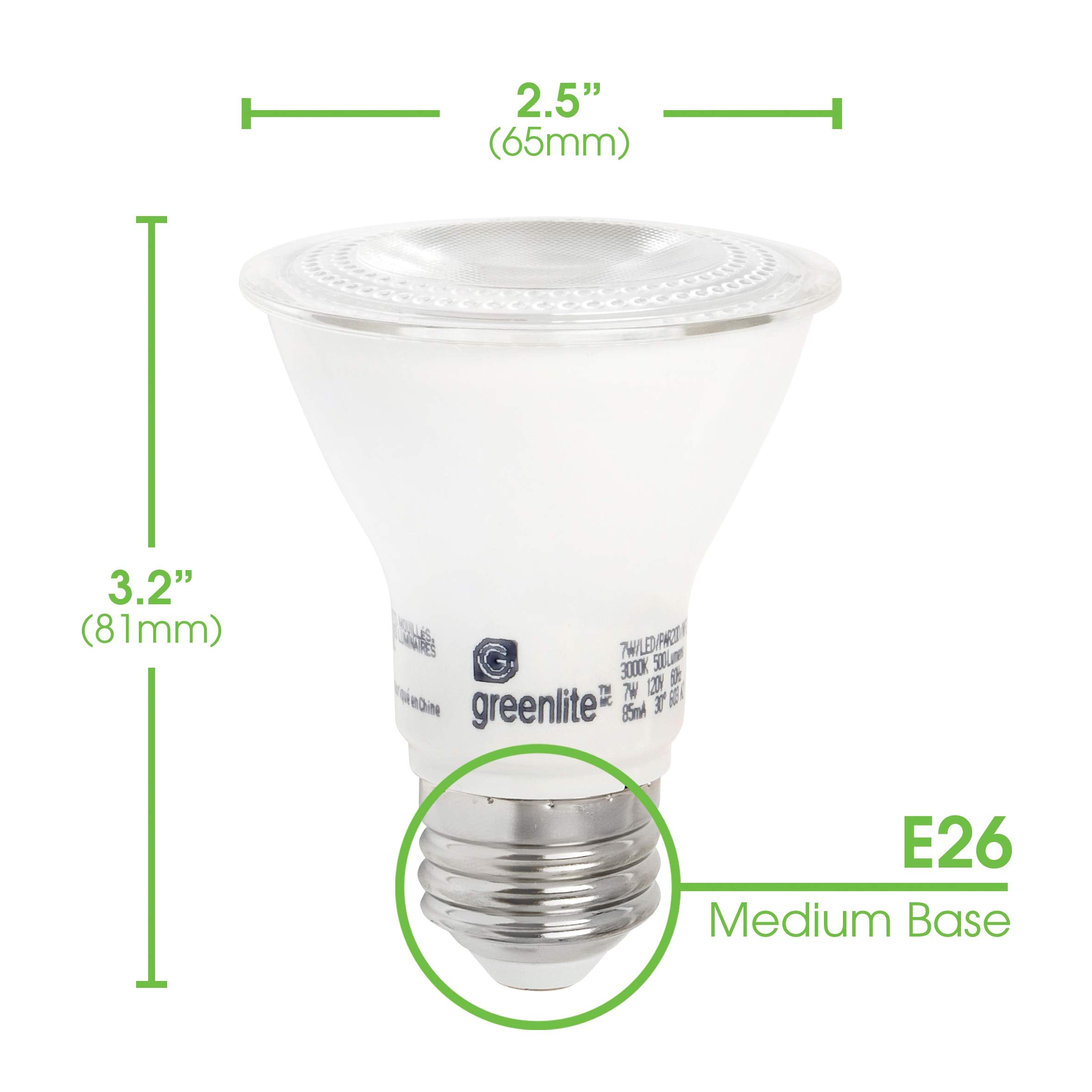 Greenlite LED PAR20 Dimmable Flood Light Bulb, 7W (50W Equivalent), 500 Lumens, 3000k Bright White, 30° Beam, 2 Pack