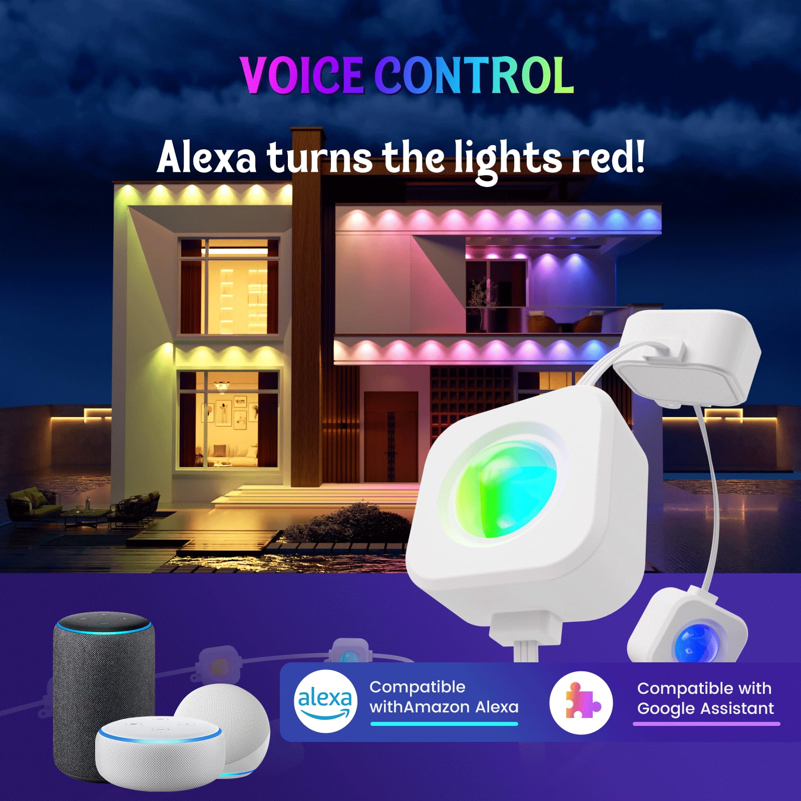 Fitop 50FT RGB Smart Eaves Lights, IP67 Waterproof LED Strip, Music Sync, Multicolor, Compatible with Alexa/Google