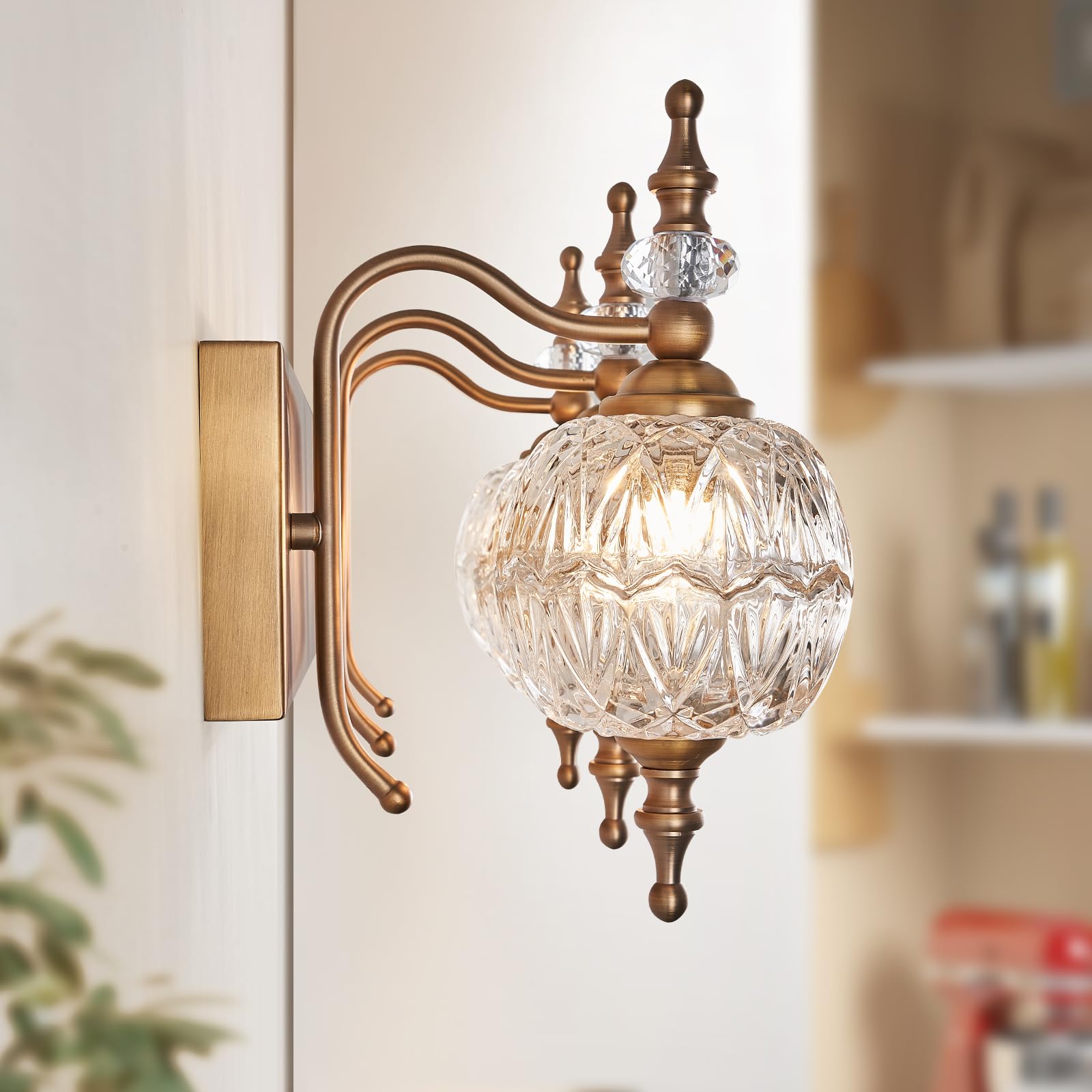 TLOLGT Vintage Bathroom Vanity Light, 3-Light Sconce, Matte Brushed Antique Brass, Crystal Glass Shade, Model W233-3