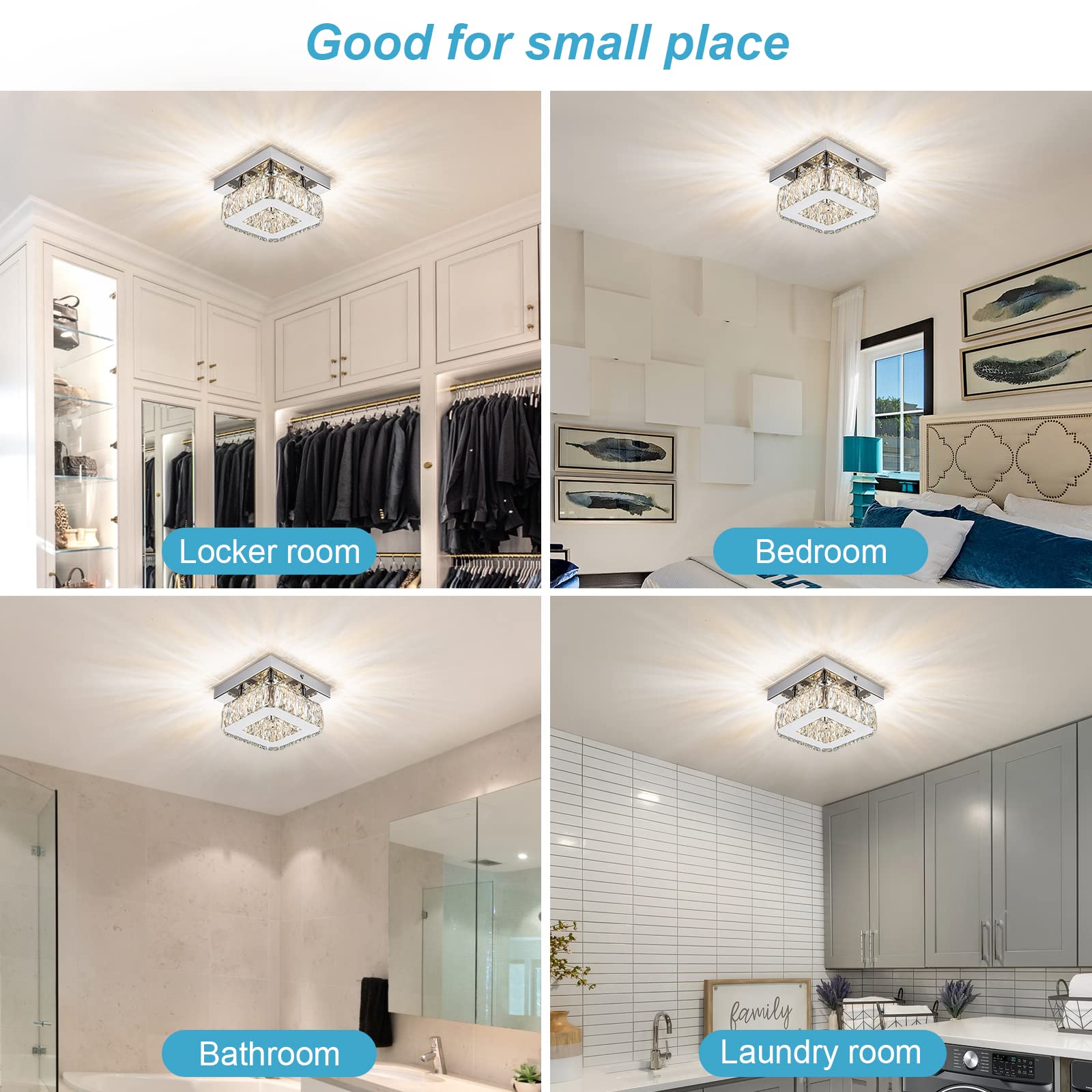 Homlaiting Crystal Ceiling Light Fixture - Square Flush Mount Dimmable Led Chandelier For Bedroom, Hallway, Kitchen, Bathroom
