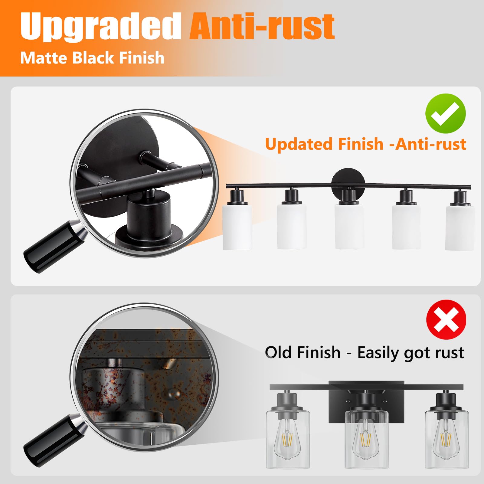 DINGLILIGHTING 5-Light Bathroom Light Fixtures, Black Metal Vanity Lights, Milky White Glass Shade, Modern Design