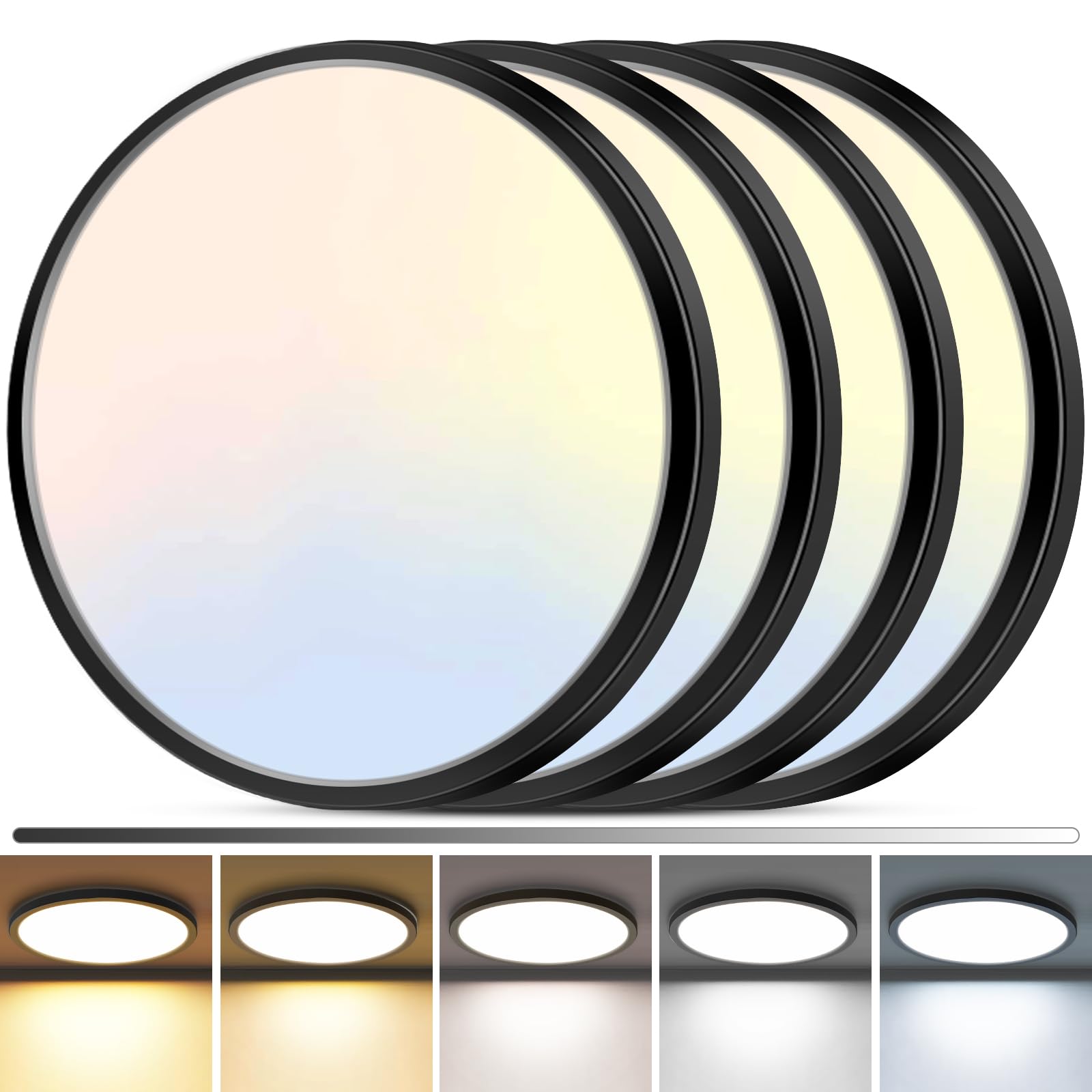 zemty 4Pack LED Flush Mount Ceiling Light  12Inch 24W Dimmable Ceiling Lights Fixture  5 Color Temperatures (3000K-6500K) Black Round Ceiling Lamp for Bedroom  Kitchen  Hallway Bathroom
