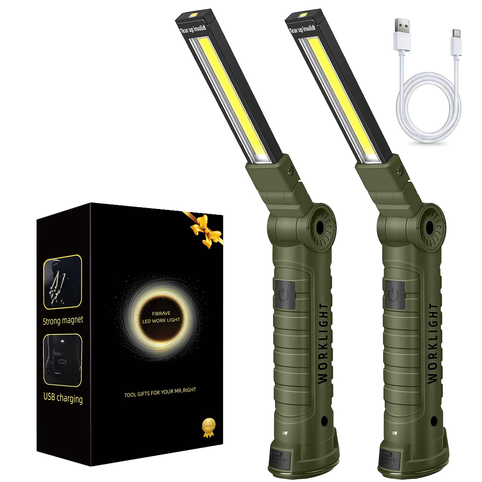 LED Work Light Rechargeable Flashlight  Tool Gifts for Fathers Day Dad Hubby Men Him Husband Mechanic Torch Grill Light Inspection Lamp Magnetic Base 5 Modes 360 Rotate Car Emergency Repair Green