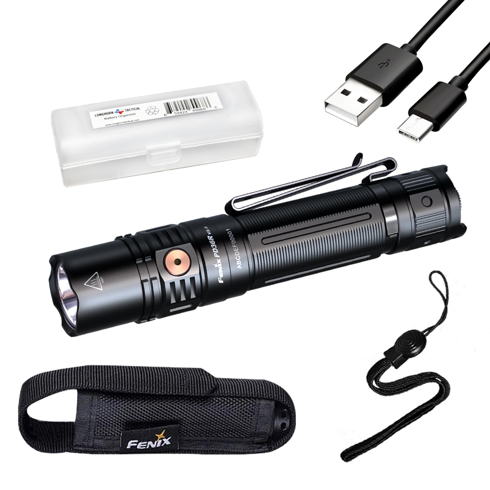 Fenix PD36R V2.0 1700 Lumen Rechargeable Flashlight, USB-C Tactical Duty Light, and LumenTac Organizer