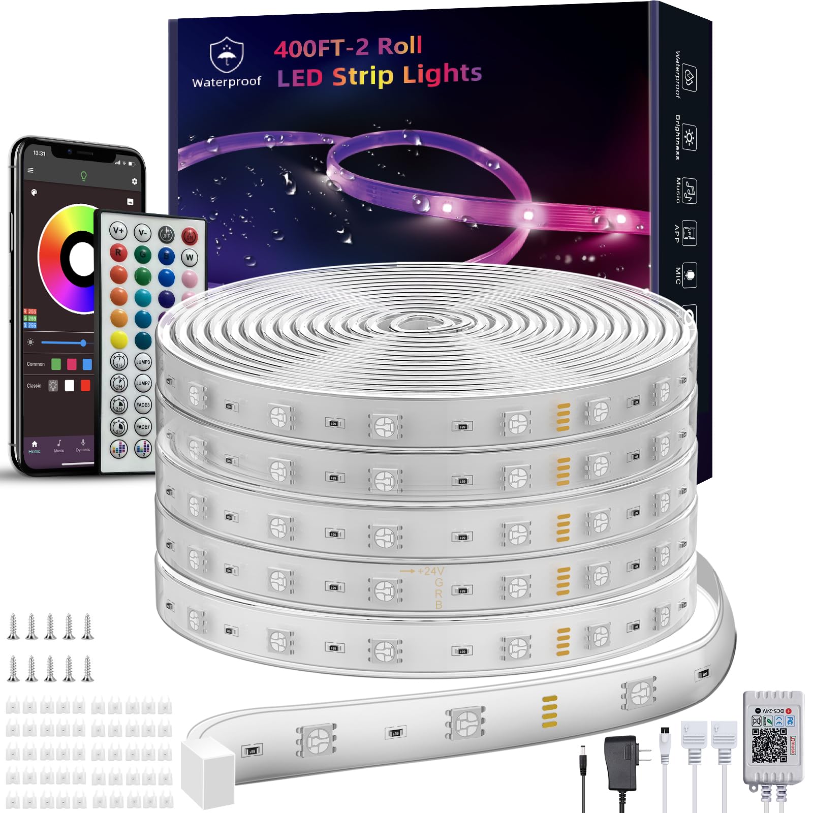 Ledagic Outdoor Led Strip Lights Waterproof 400ft, Ip68 Outside Led Light Strip Waterproof with Remote and App Control, Exterior