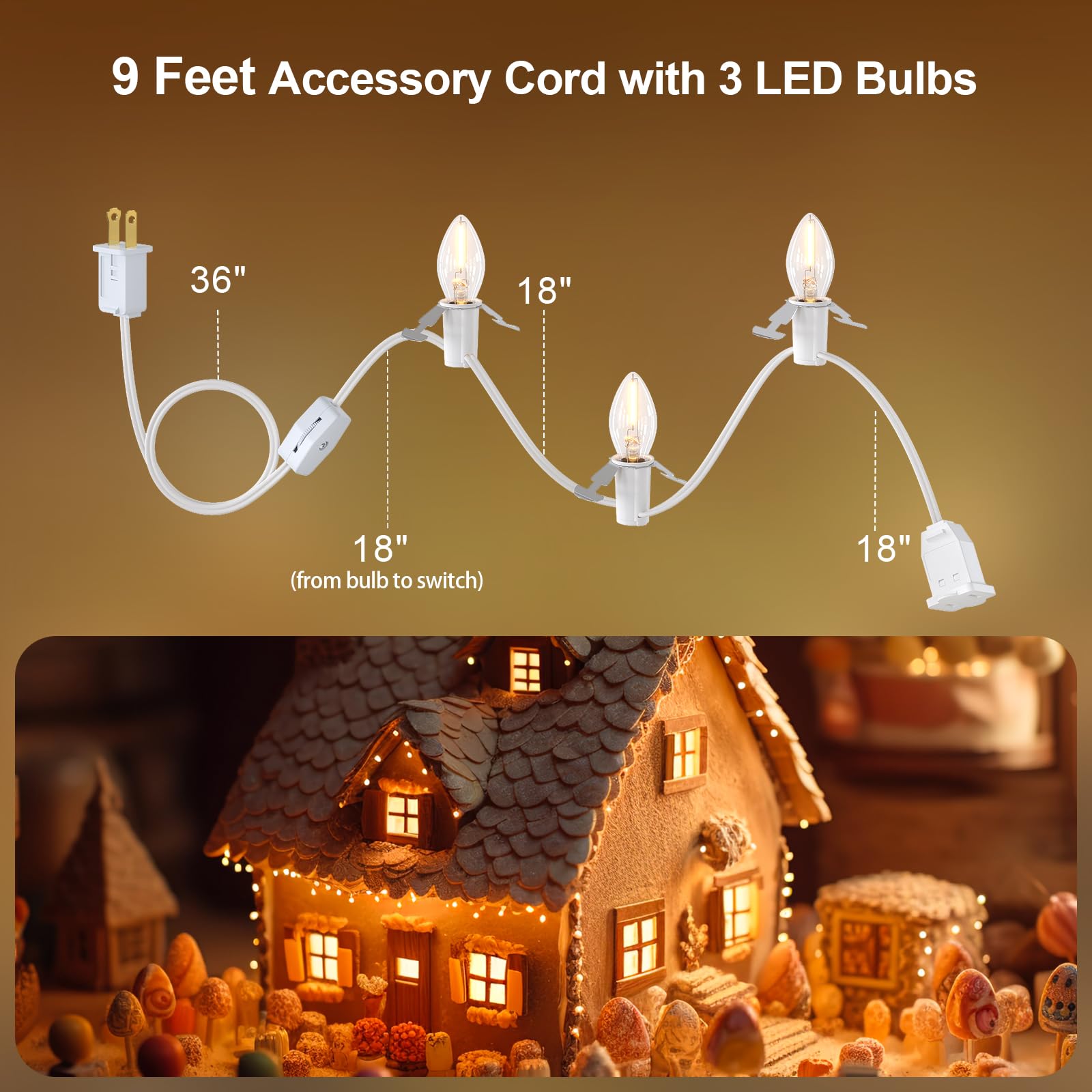 Suraielec Christmas Village Lights, 9Ft Accessory Cord With 3 Led Bulbs, Ceramic Village Replacement Lights With Switch, Connectable C7 Light Cord For Holiday Decorations, Ul Listed, Set Of 2