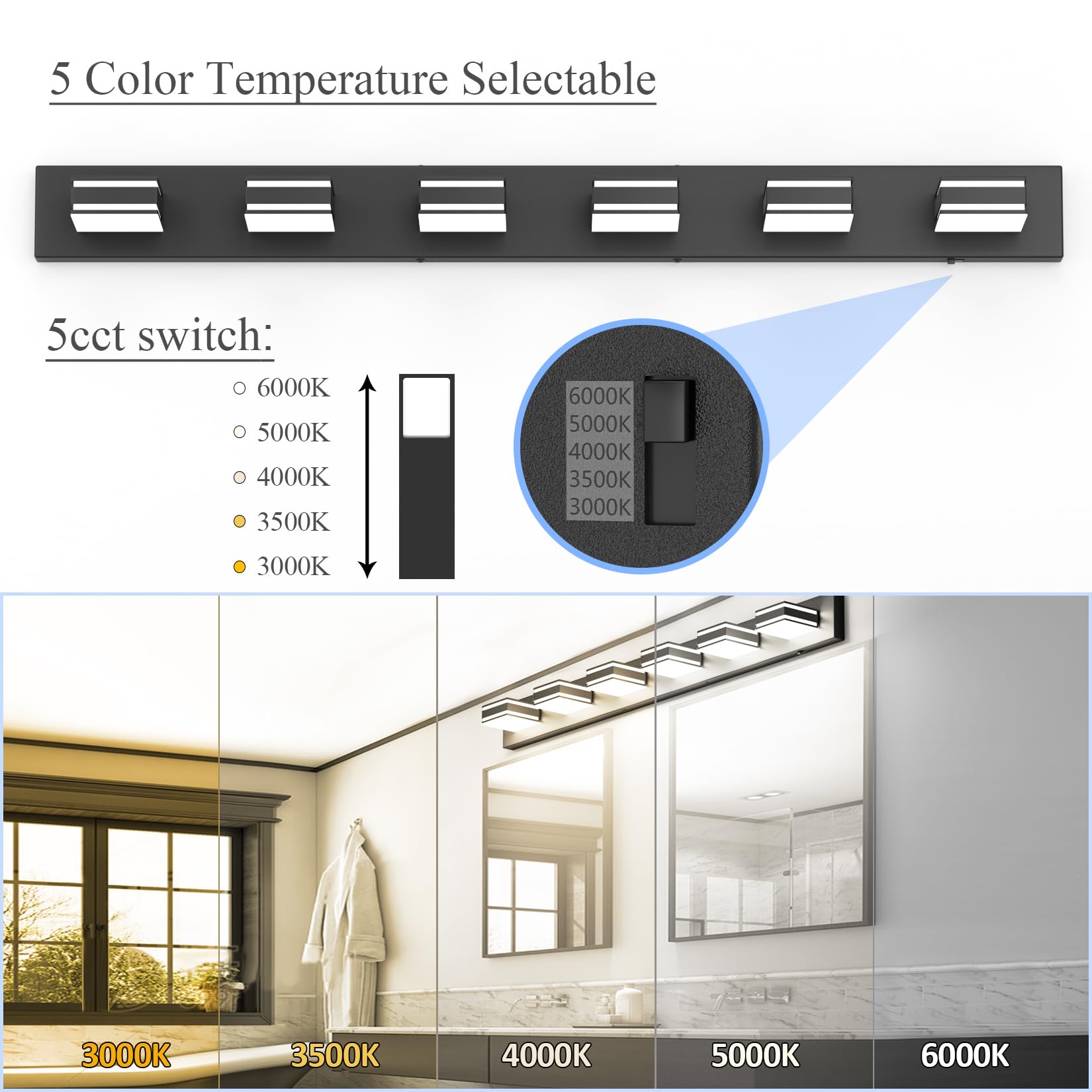 Ralbay 48Inch Black Bathroom Vanity Light With 5 Color Temperatures (3000K-6000K) Dimmable Metal Acrylic Modern Led Matte Black Bathroom Lighting Over Mirror (6-Light)