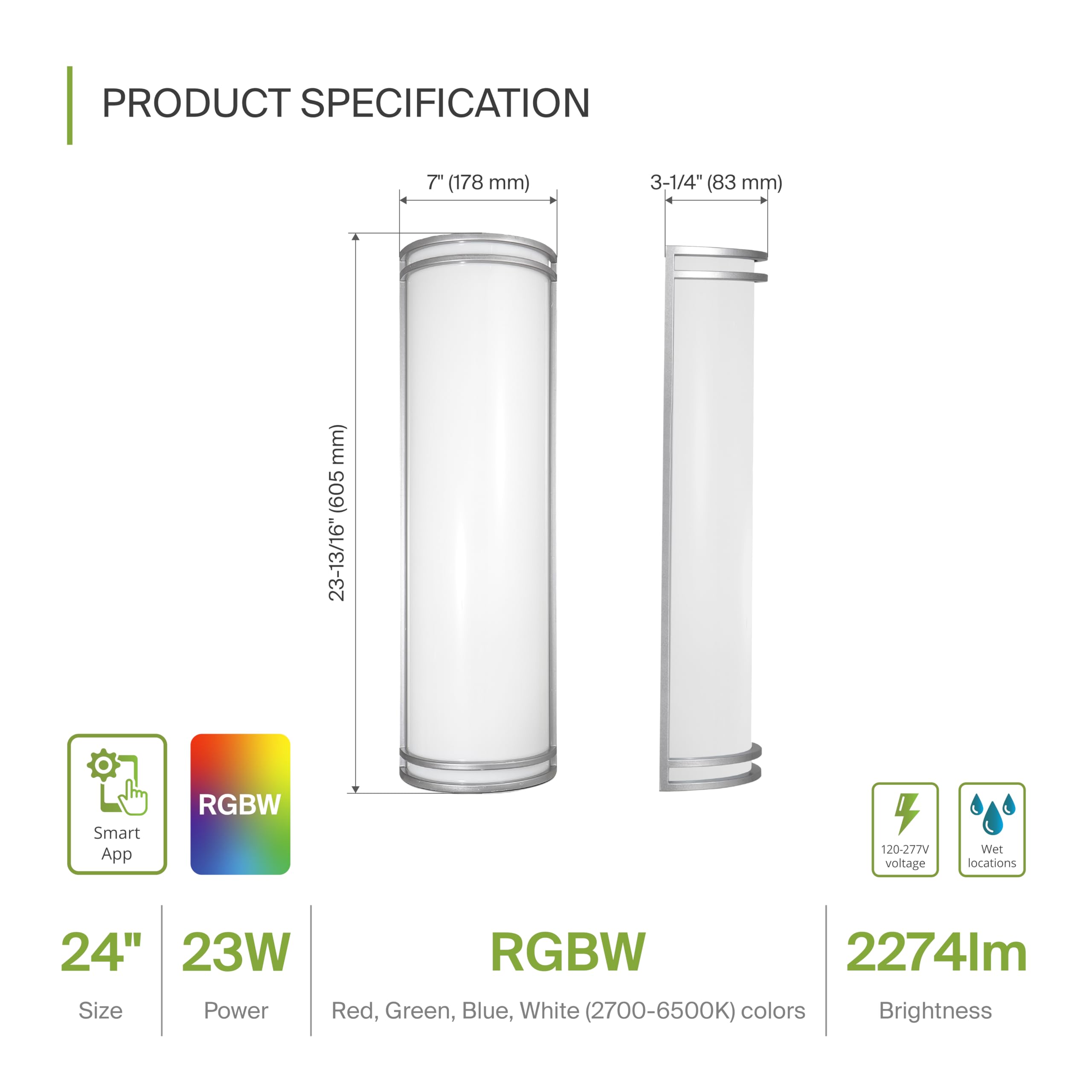 ASD Smart RGBW LED Wall Mount Light Fixture, 24 Inch, Brushed Nickel, Dimmable, Remote Control, Model A-LWS21MV24D23SR-NK2,