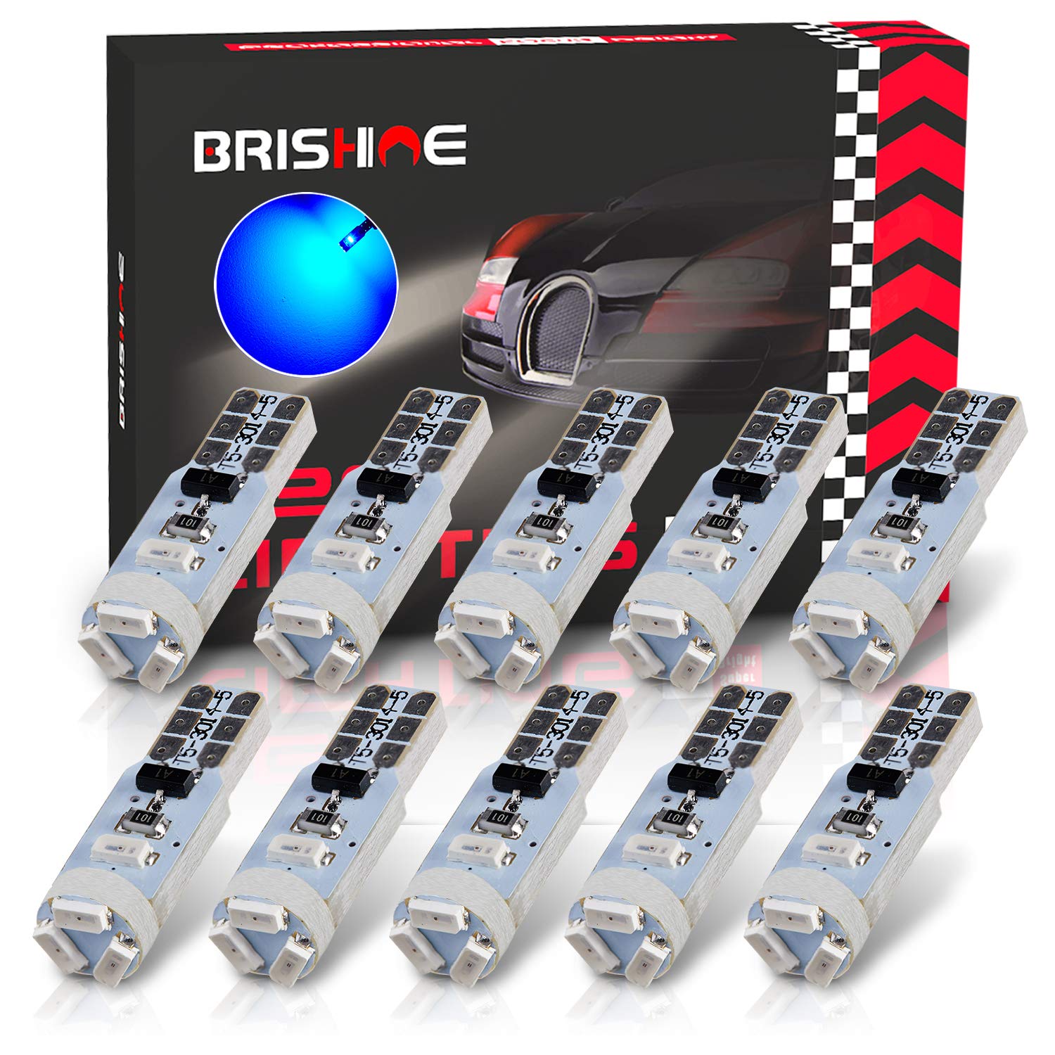 Brishine 10X T5 Led Bulbs Canbus Error Free Blue 3014 Chipsets 74 2721 37 Pc74 Wedge Led Bulbs For Interior Gauge Cluster Dashbo
