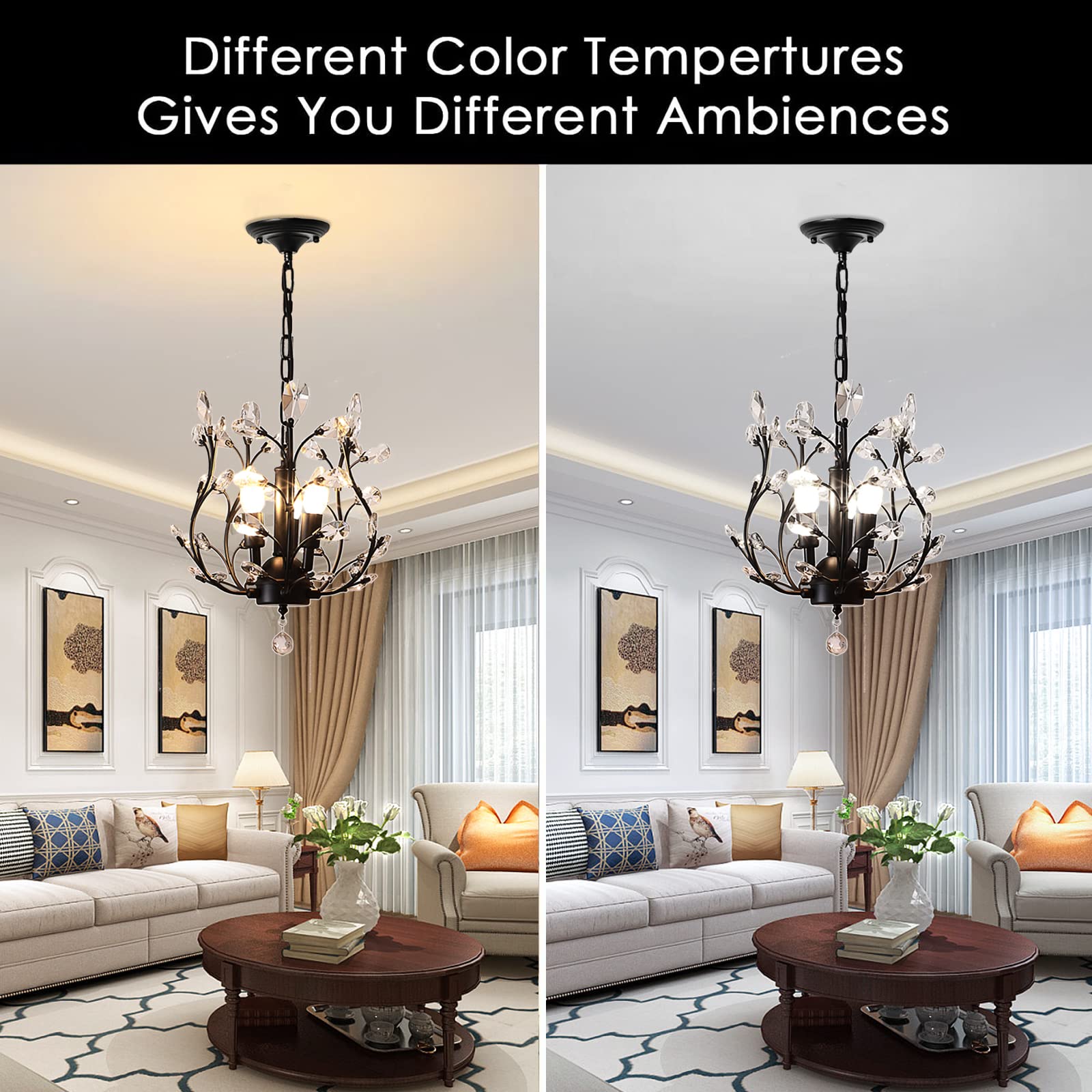 Ganeed Vintage K9 Crystal Chandelier - 3-Light Flush Mount Fixture, Black Iron For Living Room, Dining Room, Restaurant, Hallway