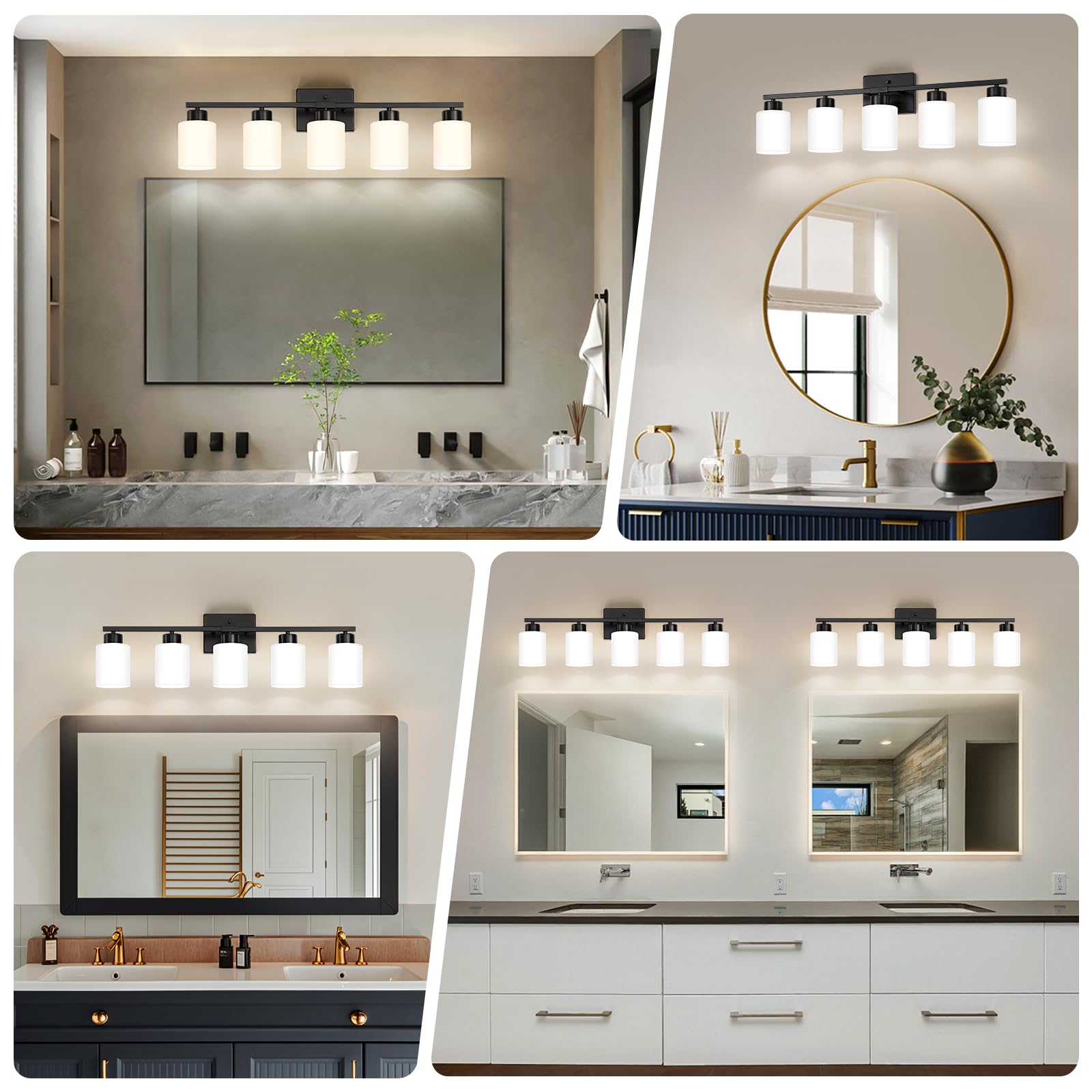Fonmyim Black Bathroom Light Fixtures, 5-Light Modern Vanity Light Over Mirror, Wall Sconces With Milky White Frosted Glass Shad