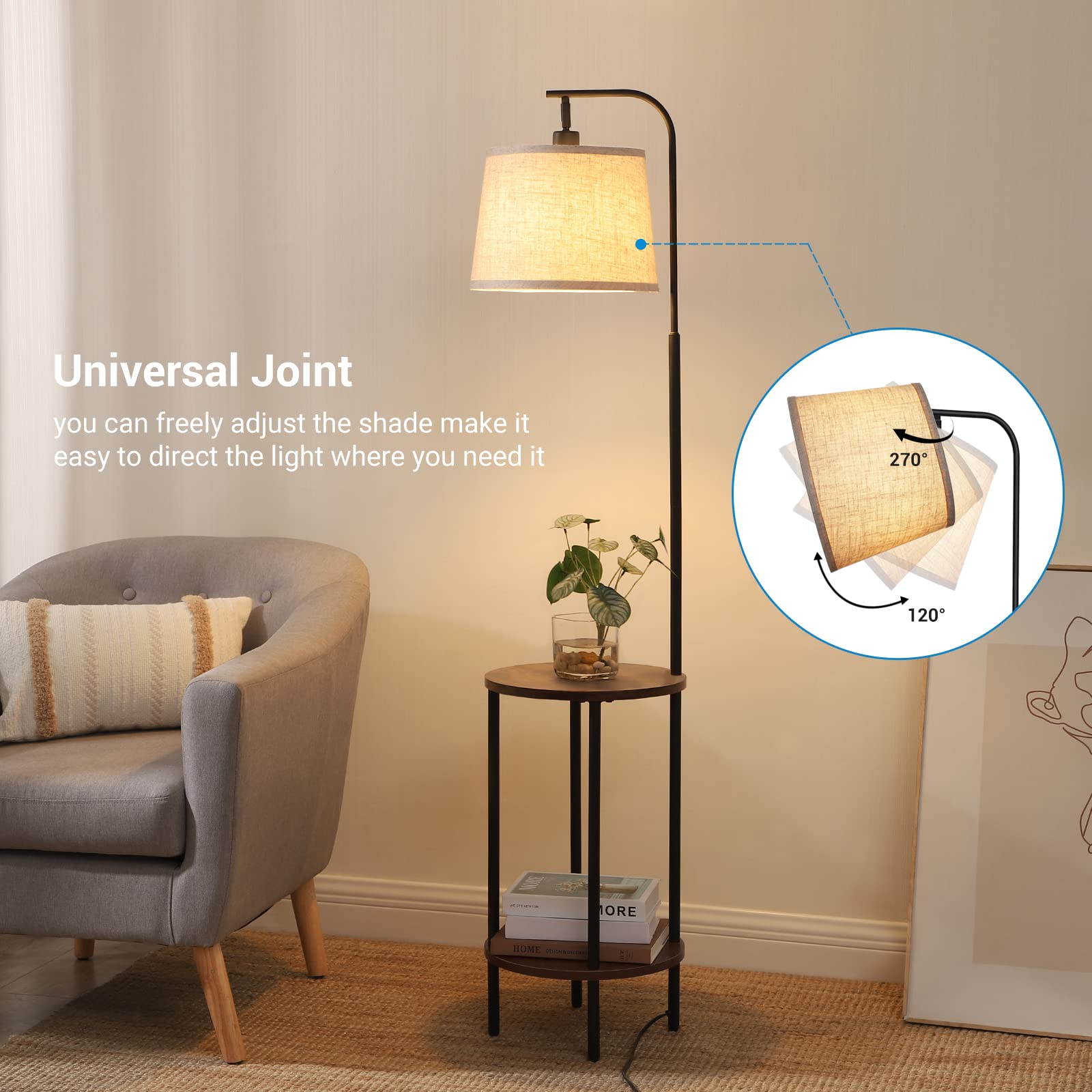 DEWENWILS Floor Lamp with Table, Rustic Brown Wood, Adjustable for Bedroom, Living Room, Model 767637595841