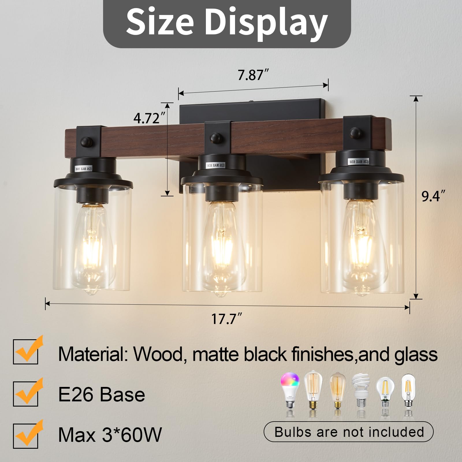 Aixialin 3-Light Wood Bathroom Vanity Light, Rustic Black & Wooden Iron Sconces, Model 600-100-1090