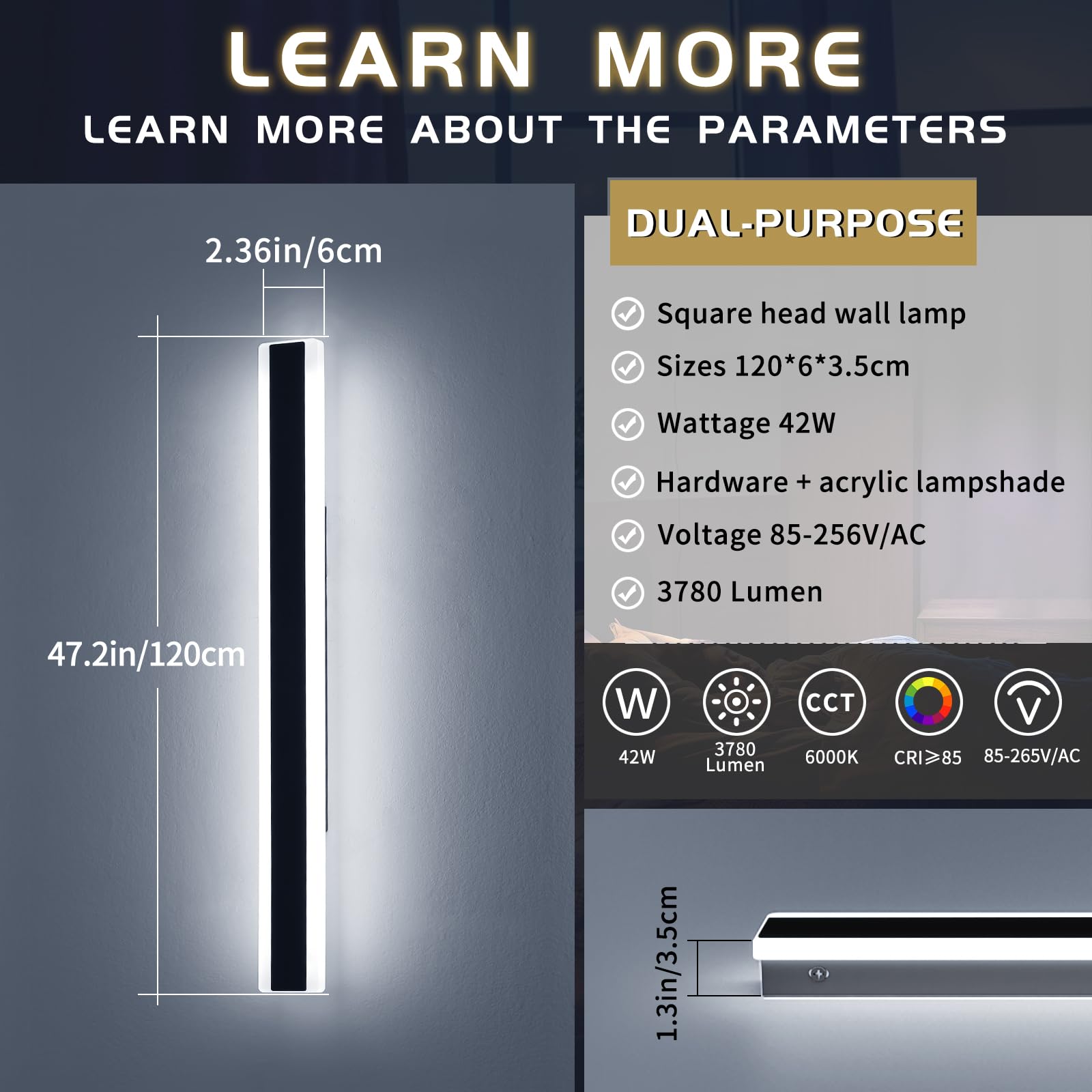 Mikeru 47.2Inch Long Led Wall Light  6000K Cool White Modern Outdoor Wall Light Ip65 Waterproof Black Acrylic Porch Exterior Lighting Fixtures  Exterior Wall Mount Lights For Garage Front Door