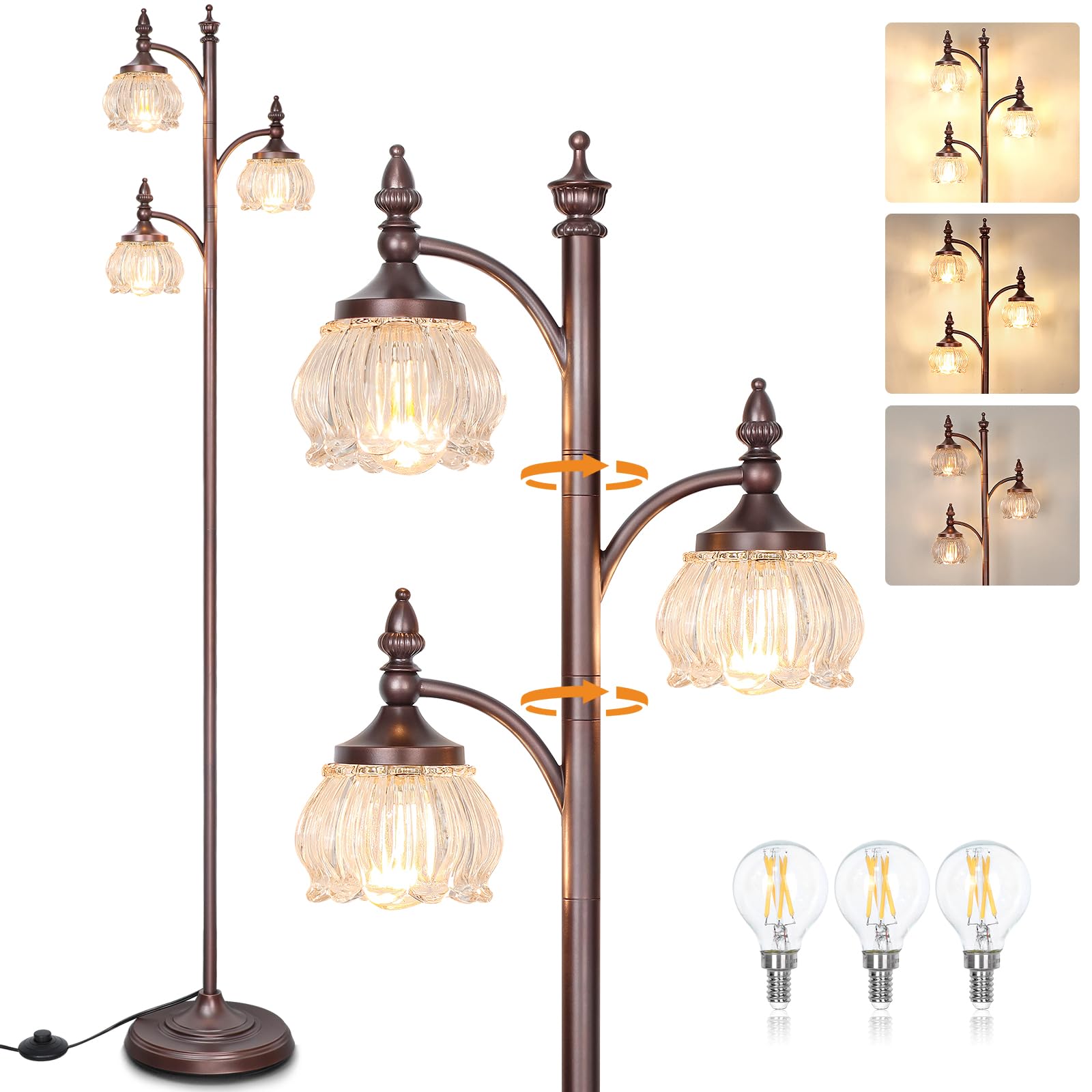 JUNNAI Brown Floor Lamps for Living Room Standing Lamp with 3 Brightness Lights Glass Shade 66.5in Flower Lamp for Bedroom Offic