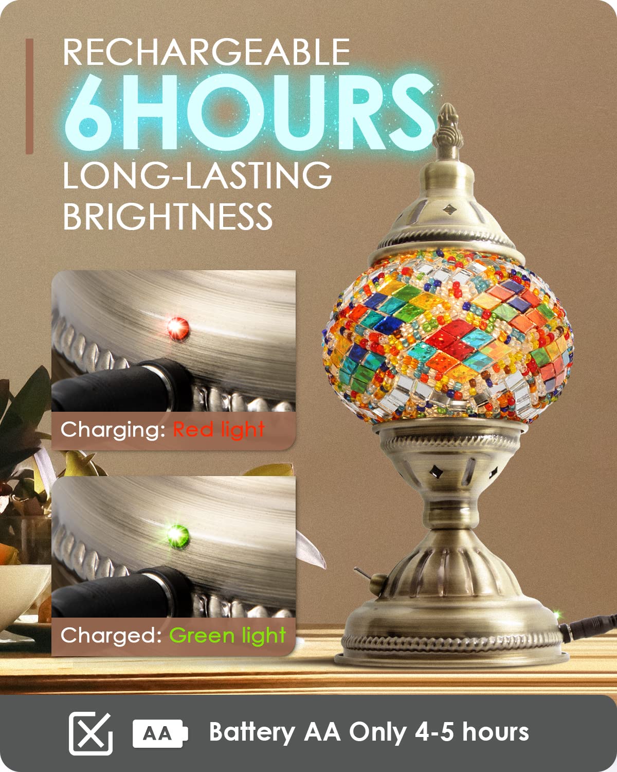 Yarra-Decor Turkish Moroccan Lamp - Handmade Mosaic Glass, Bronze Base, Rechargeable Led Bedside Light