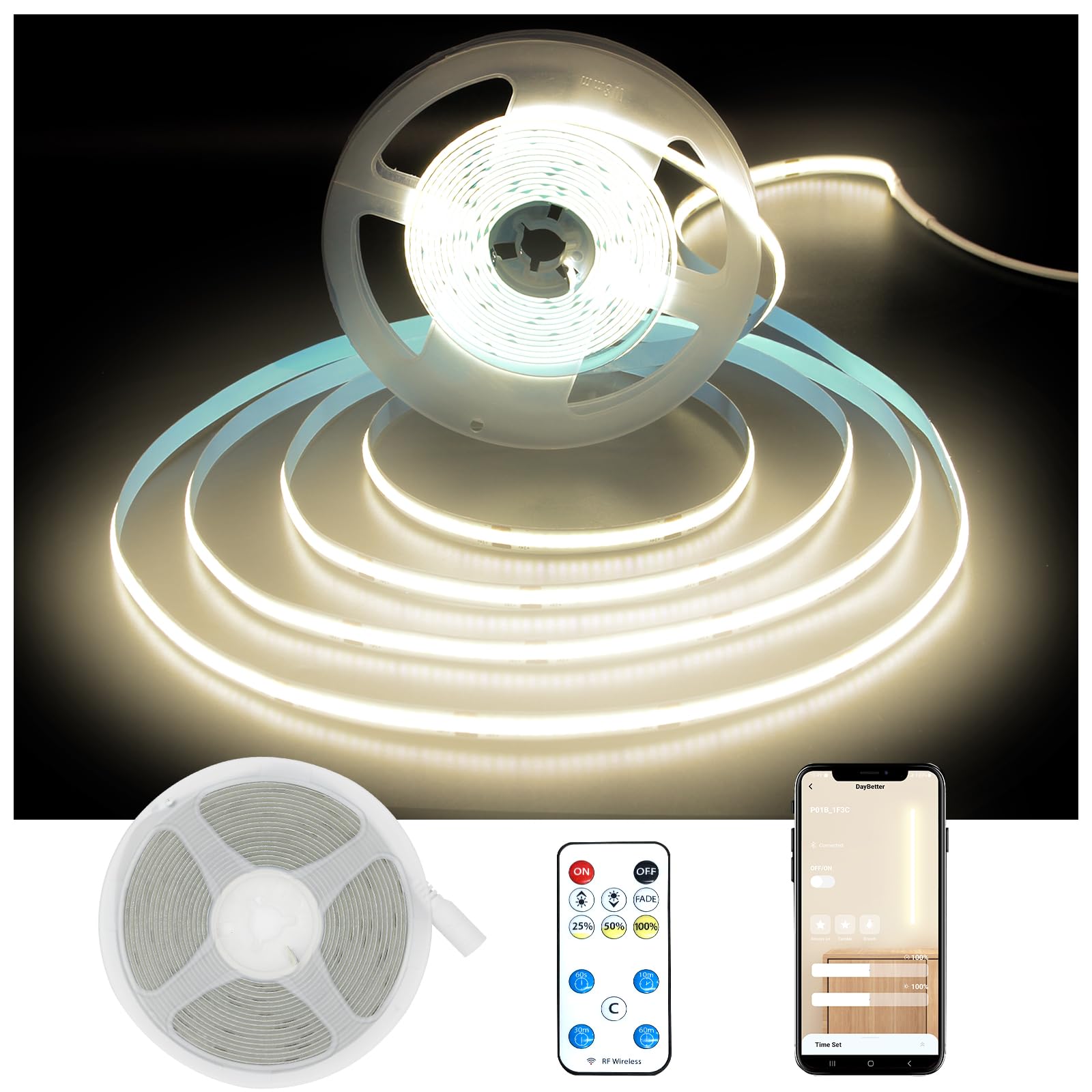 DAYBETTER COB LED Strip Lights with Remote, App Control,32.8ft 4000K Dimmable Ultra Bright Natural White COB Light Strip, COB Le