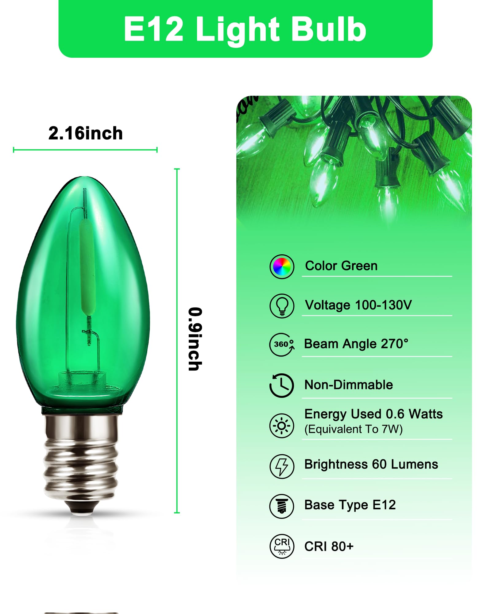 EvaStary C7 LED Green Candle Light Bulbs, 0.6W Equivalent, 6 Pack for Indoor/Outdoor Christmas & Party Decor