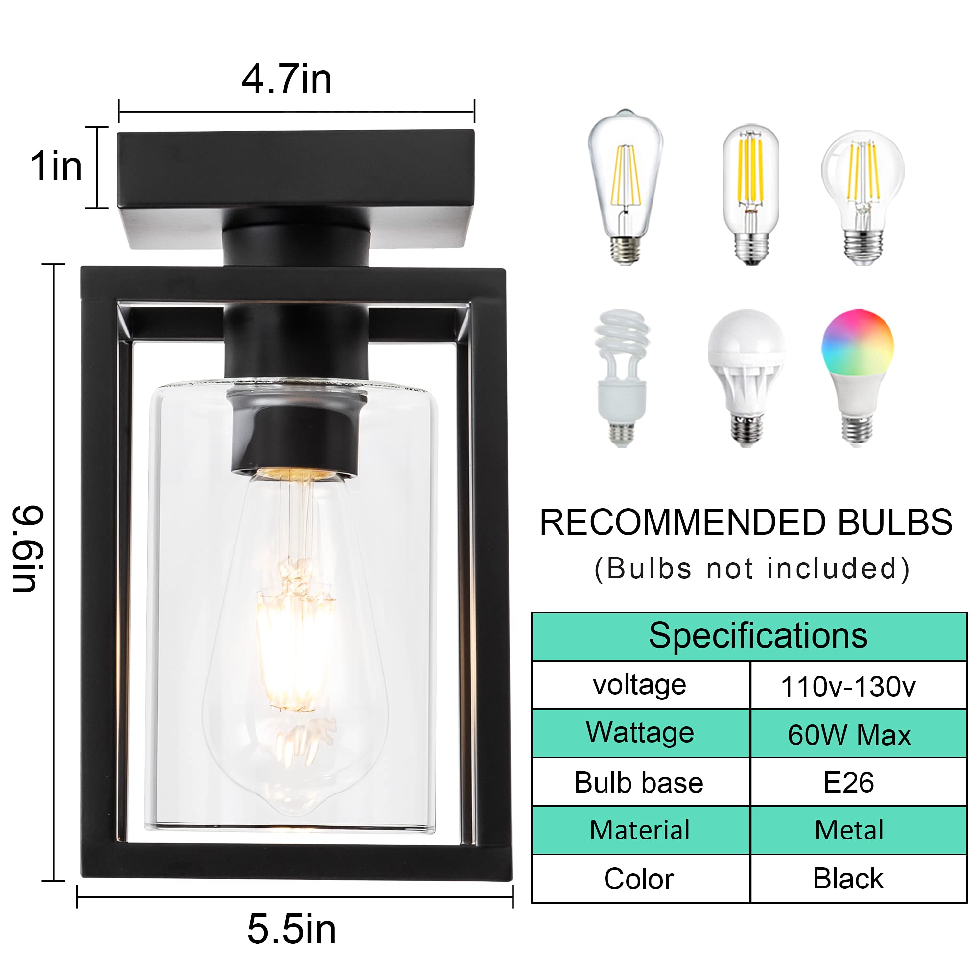 Mayful Flush Mount Ceiling Light Fixture With Clear Glass Shade, Farmhouse Black Metal Frame Light Fixture For Kitchen Island En