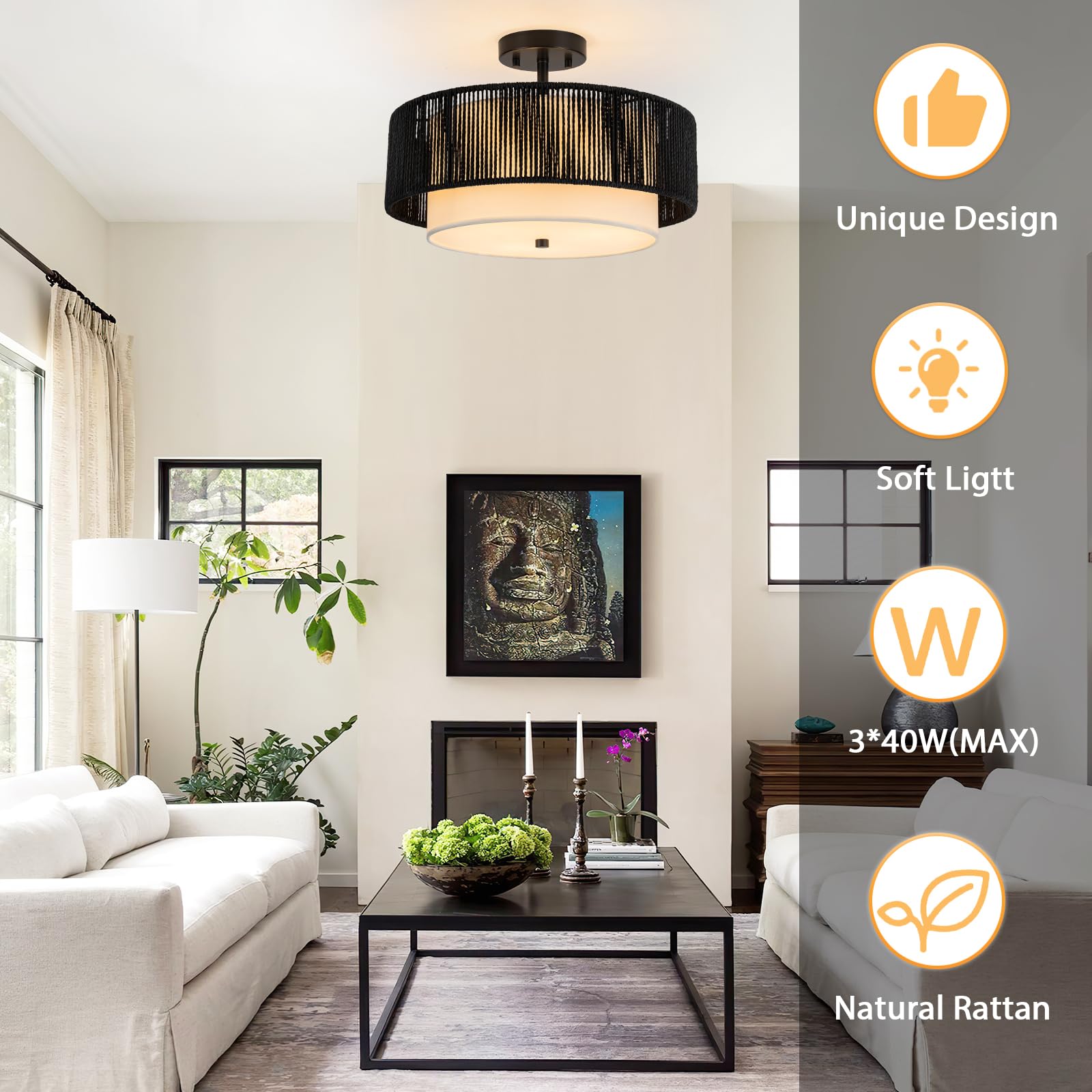 Sinerise 16'' Rattan Flush Mount Ceiling Light Fixture,2-Tier Drum Hand-Woven Boho Flush Mount Ceiling Light,Farmhouse Light Fix