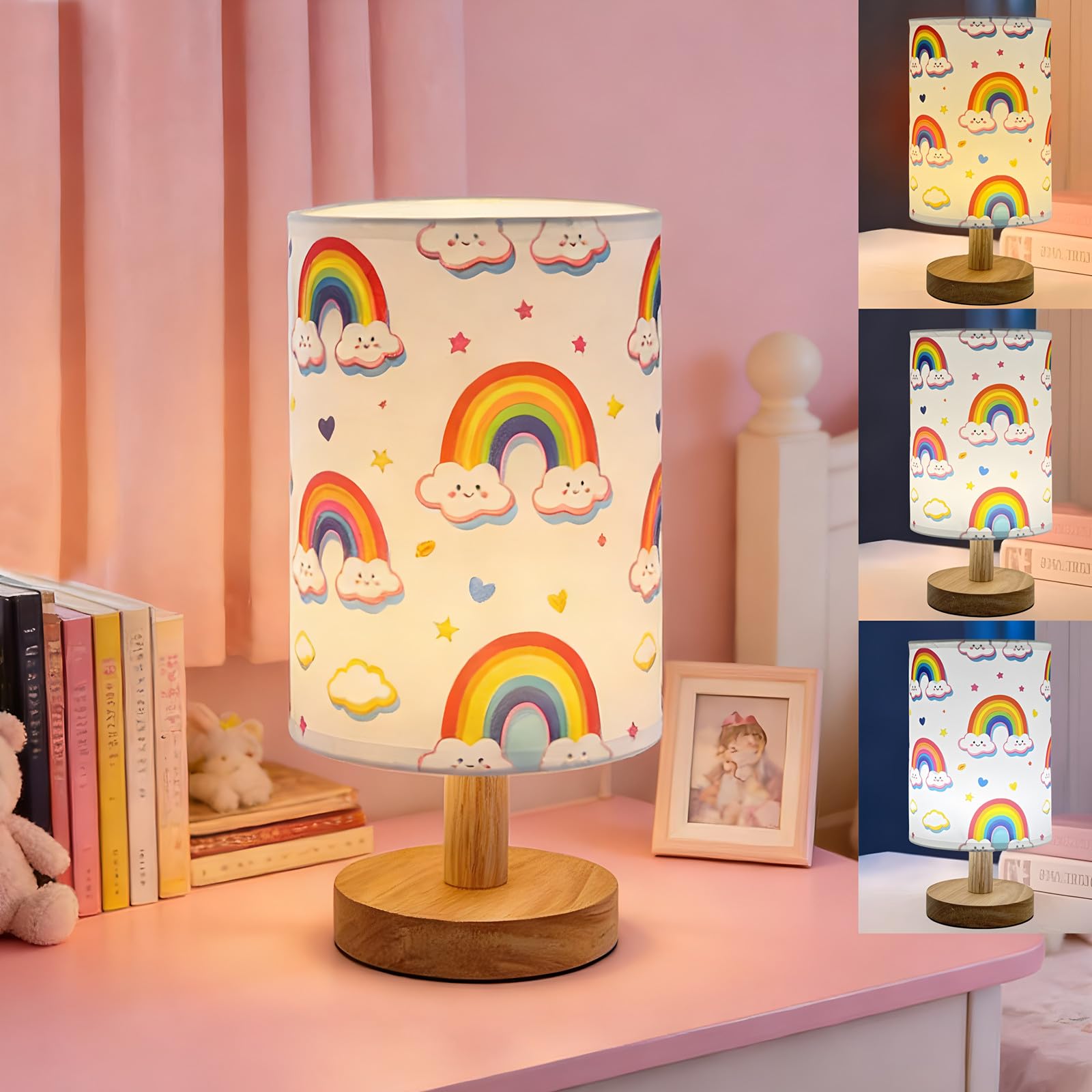 Lonxin-Da Rainbow Table Lamp for Girls Bedroom 3-Color Dimmable LED Kids Bedside Lamp Cute Fabric Shade Nightstand Light  Rainbow Decorative Night Light for Nursery Girls Boys Room Decor