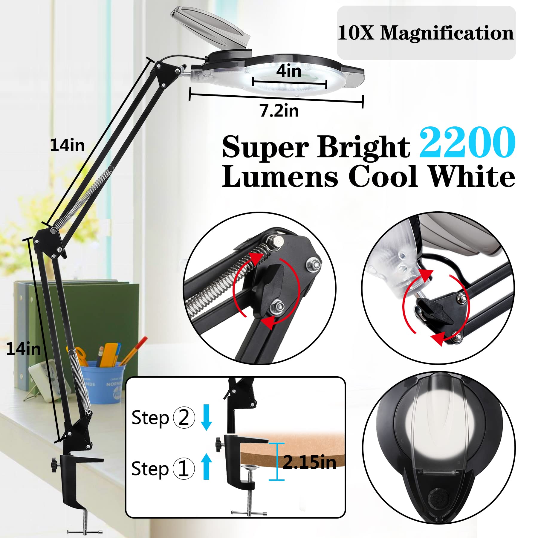 ADDIE KIRKAS 10X LED Magnifying Lamp, 2200 Lumens Dimmable, Adjustable Arm, Black