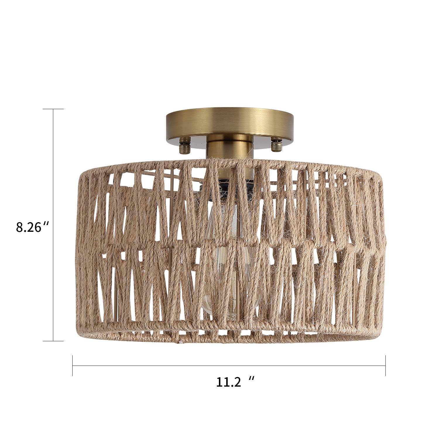 Hchunqjor Coastal Antique Gold Woven Flush Mount Light Fixture Rustic Boho Hemp Rope Brass Semi Flush Mount Ceiling Light For Ha