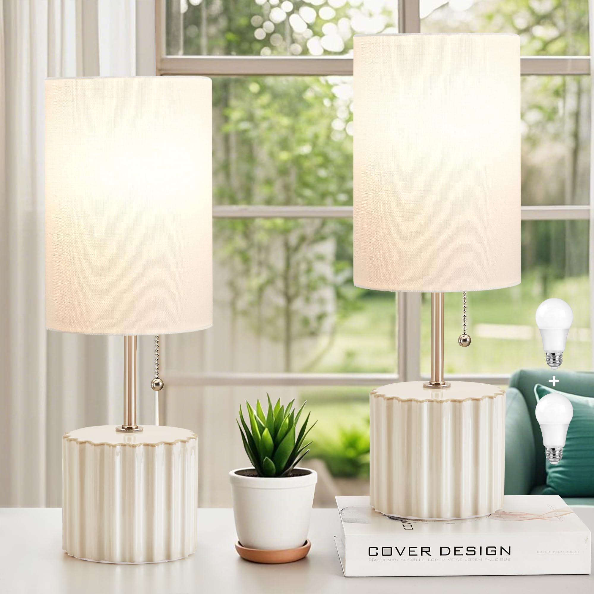 Gyrovu White Ceramic Table Lamps Set Of 2, Bedside Nightstand Lamps With 3-Color Temperature Ceramic Lamp Pull Chain, Small Desk