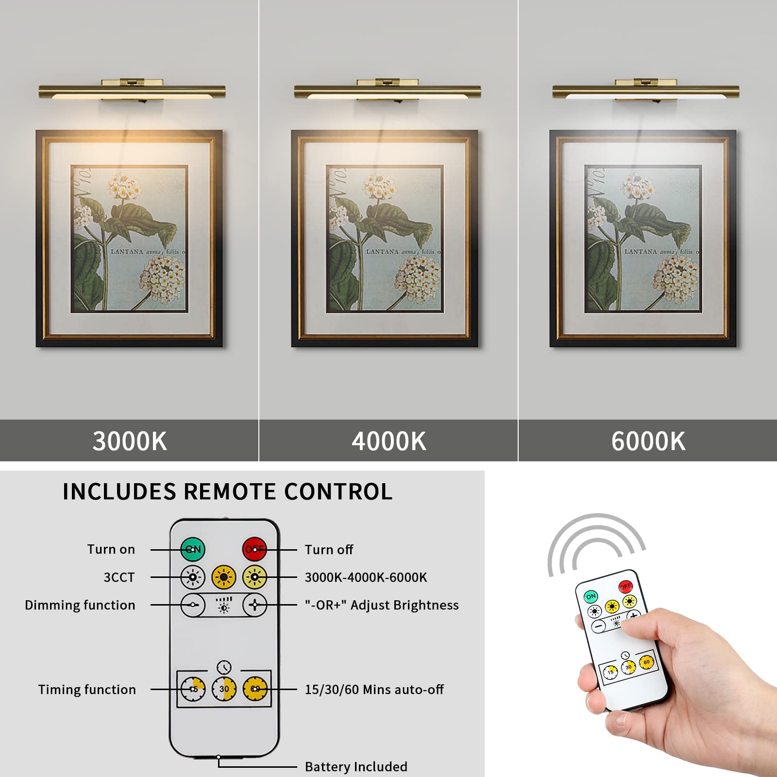 Joosenhouse Wireless Picture Light, Brass, 16.53in, Battery Operated, Dimmable, Remote Control, Model 7110-420-B