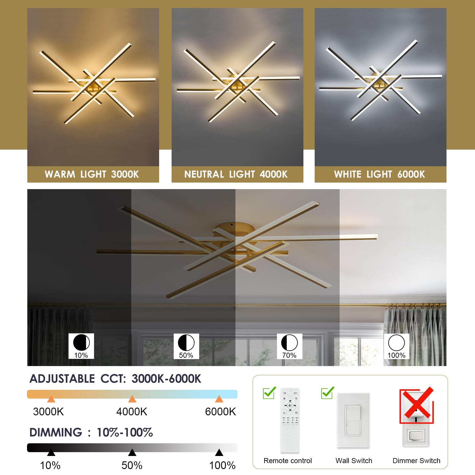 Airyphant 6-Lights Led Chandelier Modern Semi-Flush Mount Ceiling Light 44 Remote Control Ceiling Lighting Fixtures For Living Room Bedroom Kitchen Foyer