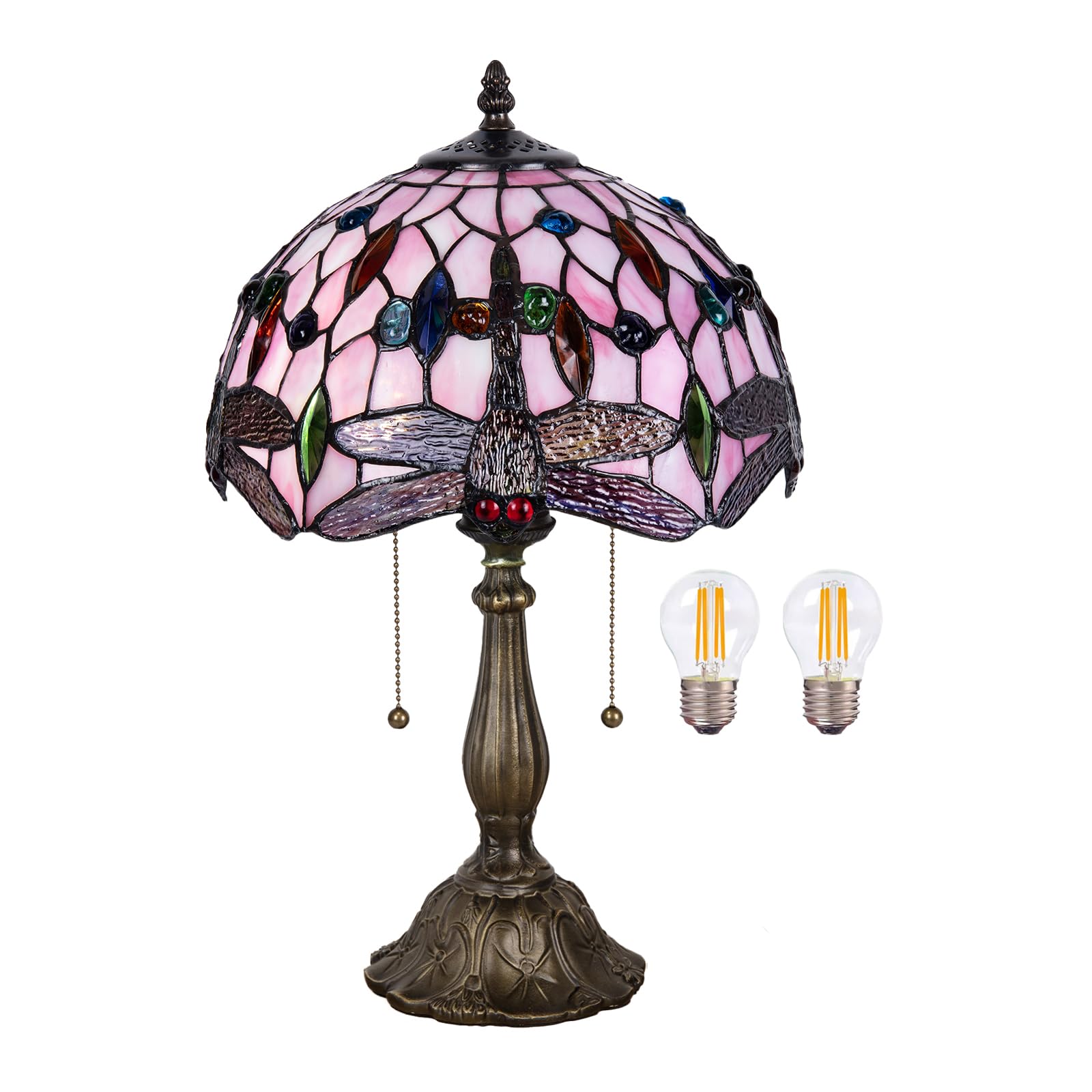 Nizrsky Tiffany Table Lamp, Pink Dragonfly Stained Glass Lamp,12 Inch Tiffany Style Lamp for Bedroom Living Room Home, Handcraft