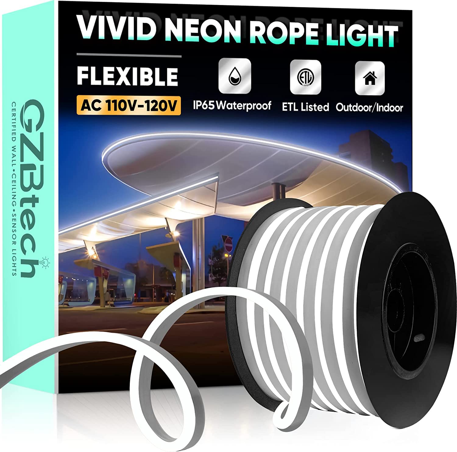 Gzbtech Flexible Led Neon Rope Lights 50Ft Ac 110-120V Waterproof Strip Light  120 Leds/M Cuttable Connectable Neon Lighting For Indoor Outdoor Home Decor/Commercial Building Use-Cold White 15M
