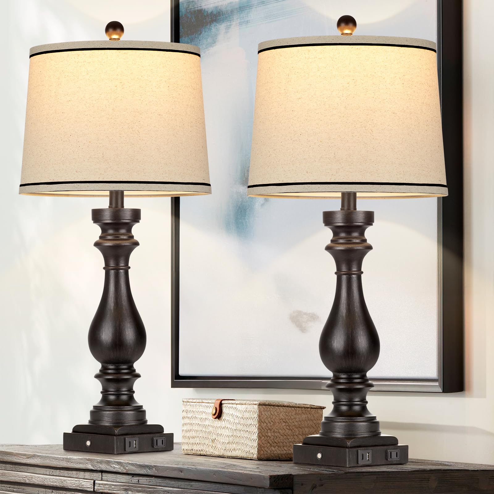 Cinkeda 29'' Tall Table Lamp for Living Room Set of 2,Farmhouse Vintage Bedside Nightstand Lamps with USB C+A Ports & AC Outlet,