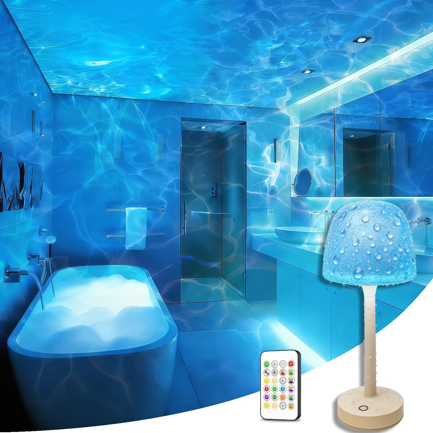 Kzictrs Cordless Waterproof Shower Lamp, Rechargeable Bathroom Lamp with Remote & Touch Control 16 Color Changeable Ocean Wave P