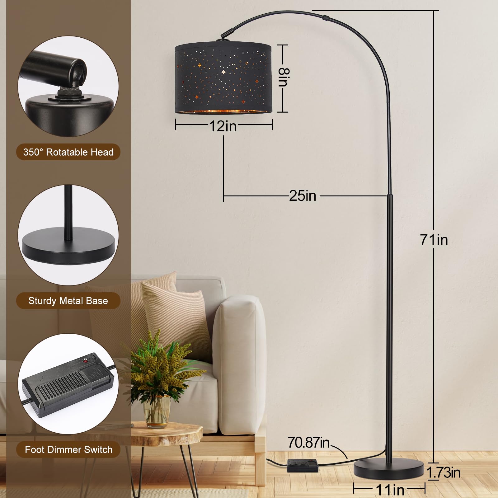 Dimmable Floor Lamp, Arc Floor Lamp For Living Room, Arched Tall Modern Standing Lamp With Adjustable Star Shade, Black Mid Cent