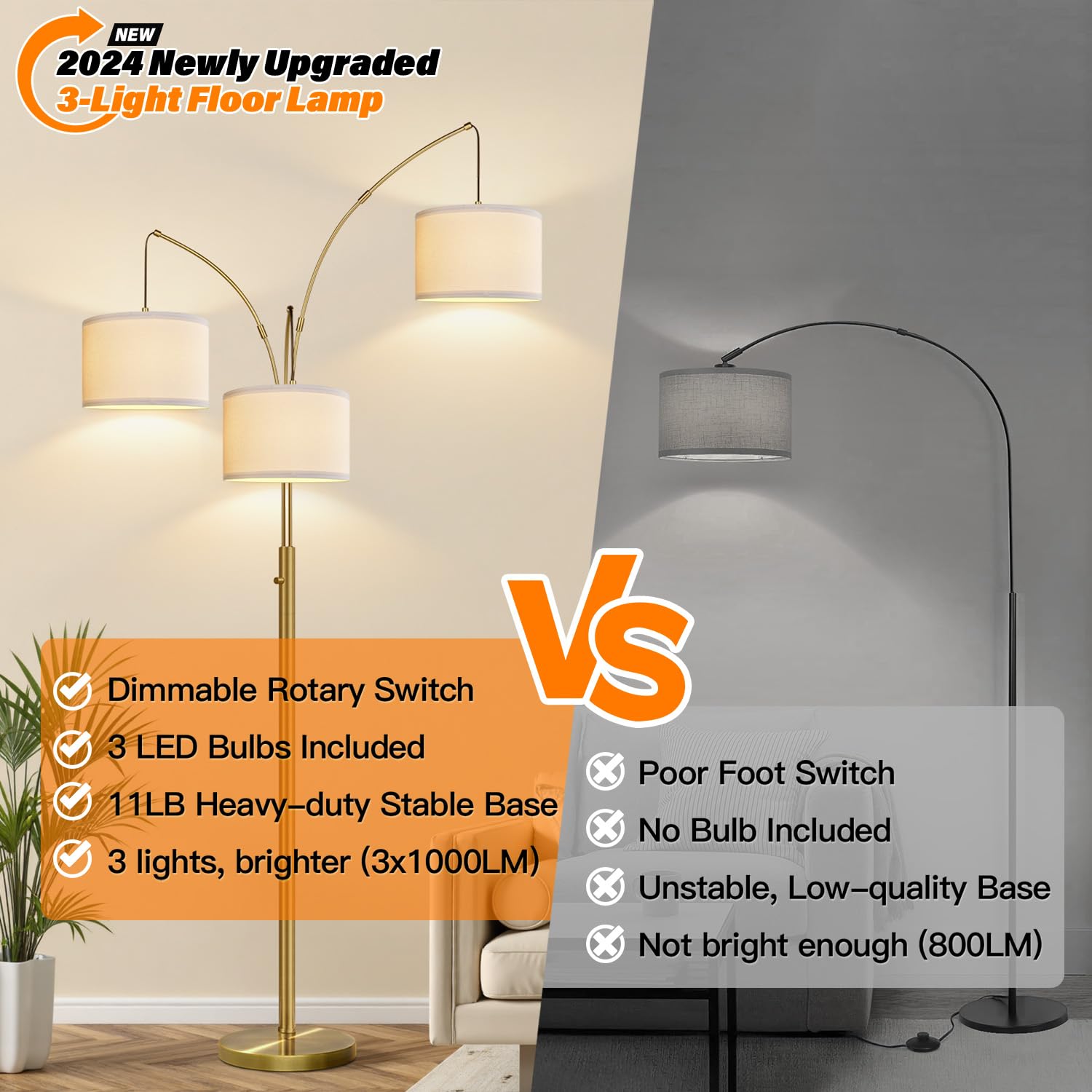 Nintiue Dimmable Floor Lamp - 3 Lights Brass Arc Floor Lamps For Living Room, 1000Lm Modern Tall Standing Lamp With Linen Shades