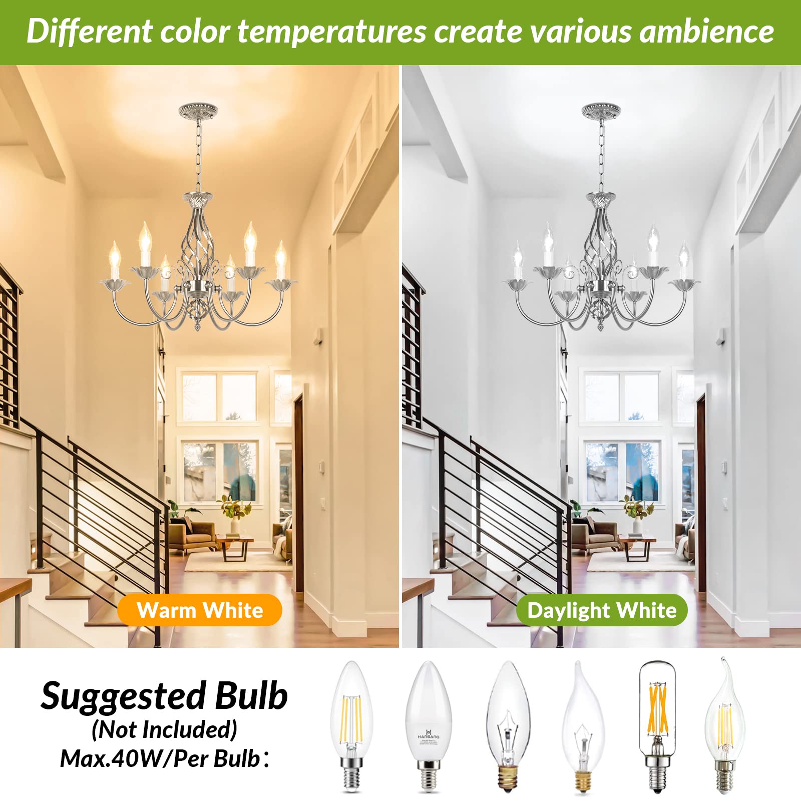 6-Light Farmhouse Candle Chandelier For Living Room, Rustic Industrial Pendant Ceiling Light Fixture, Brushed Nickle Modern Ceil