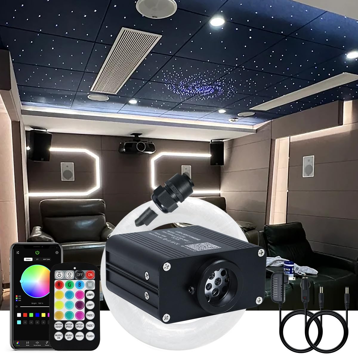 AKEPO 16W Small Size RGBW Twinkle Fiber Optic Light Kit, APP Music Activated Mixed 460pcs 9.8ft/3m Optical Fiber Star Ceiling Li
