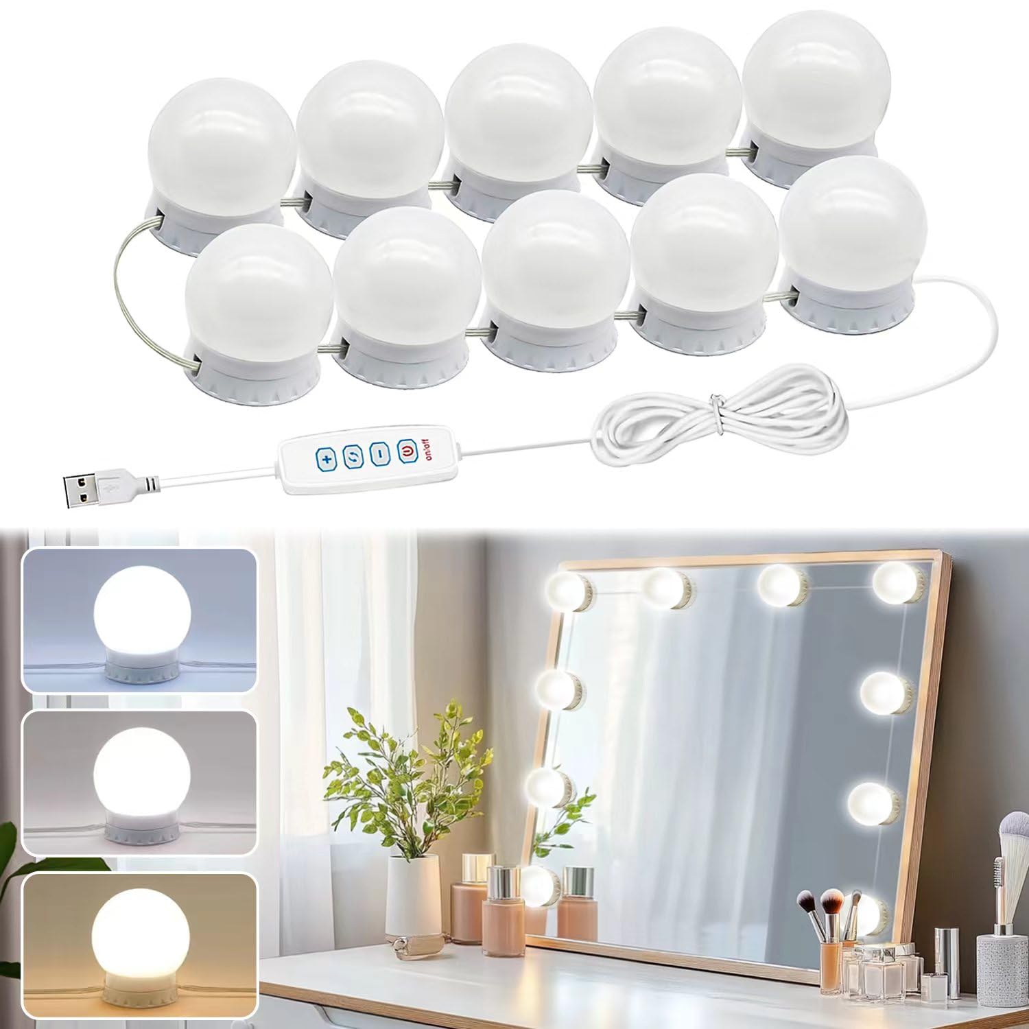 Pretmess Hollywood Style Vanity Lights - 10 Dimmable Bulbs, Adjustable Brightness, Usb Powered, Multicolor, Led, Plastic