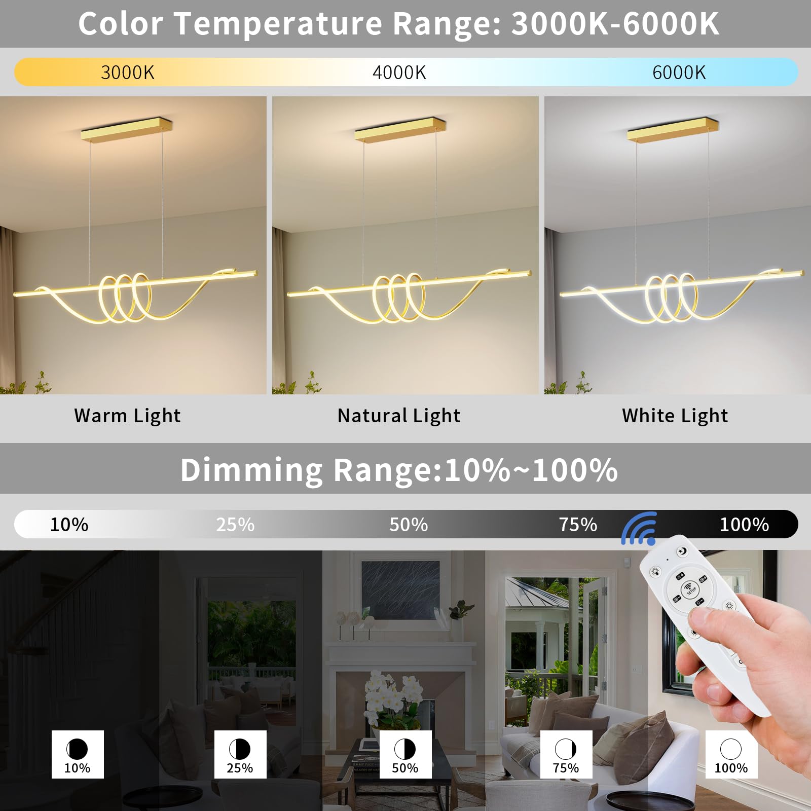 Zihoi Modern LED Pendant Light, Dimmable with Remote, 3000K-6000K, 57in Gold, Aluminum Ceiling Chandelier for Kitchen/Dining Room