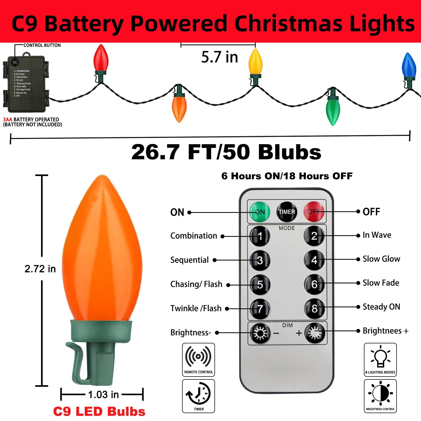 Olixmlya 50 Led C9 Christmas Lights Battery Operated 26.5Ft C9 Christmas String Lights Christmas Battery Lights Timer 8 Lighting Modes For Indoor Outdoor Xmas Tree Garden Patio Party Christmas Decor