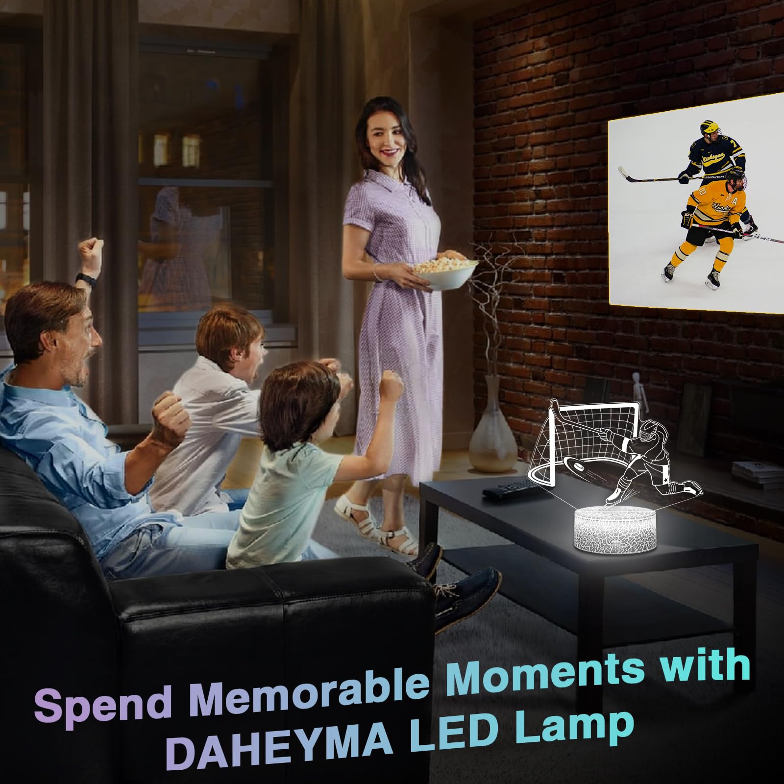 DAHEYMA 3D Ice Hockey Light Illusion, 16 Colors LED Night Light - Touch and Remote Control, Timer Tpye-C Dimmable Hockey Lamp, R