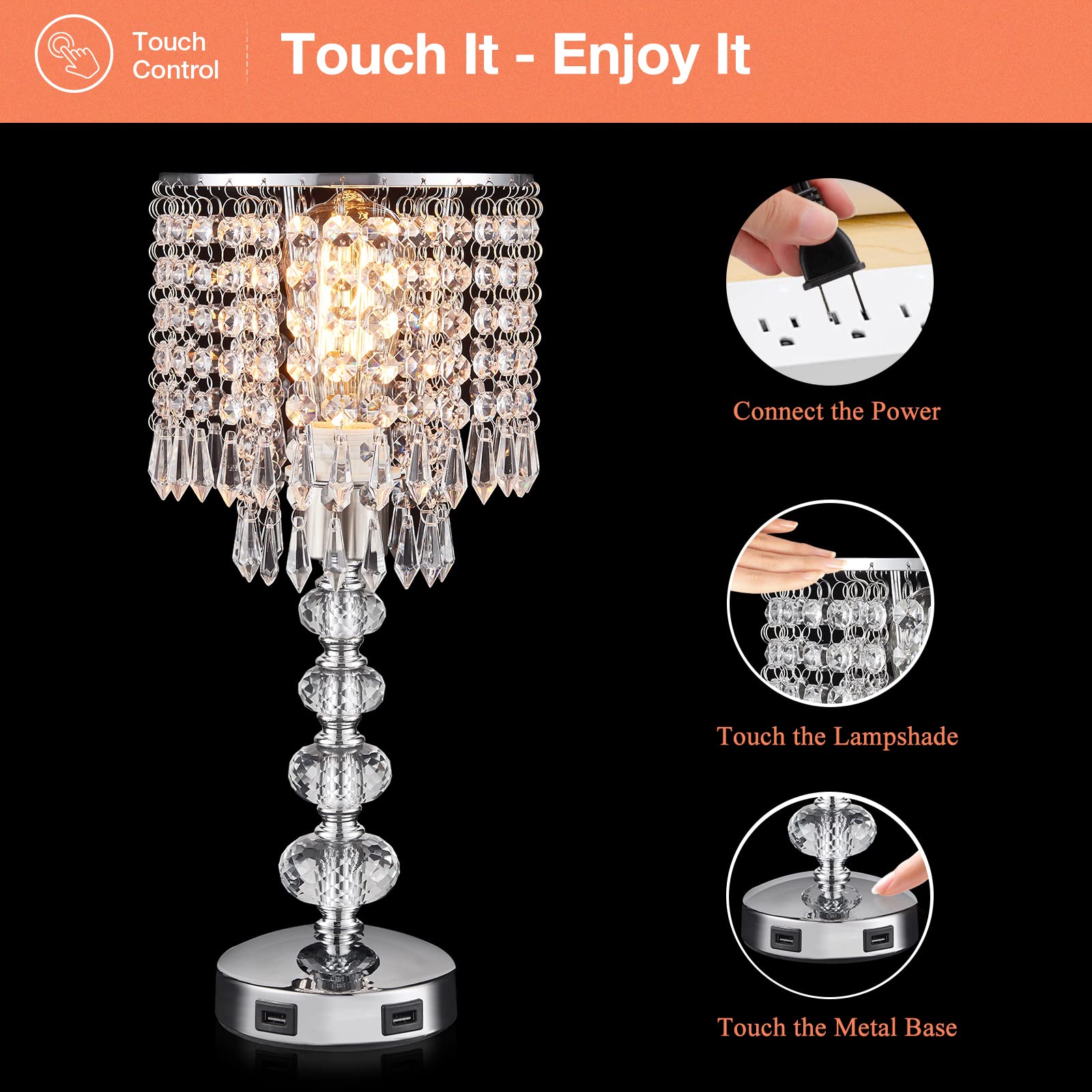 Acaxin Crystal Table Lamp - 3 Way Dimmable Bedside Light with USB Ports, Silver, Medium Size for Bedroom and Living Room