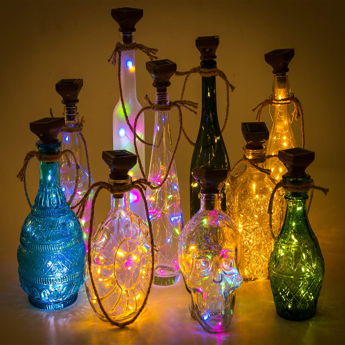 ZYLiWoo Solar Wine Bottle Lights 12 Pack, 20 LED Waterproof Multicolor Fairy String Lights for Garden and Party Decor