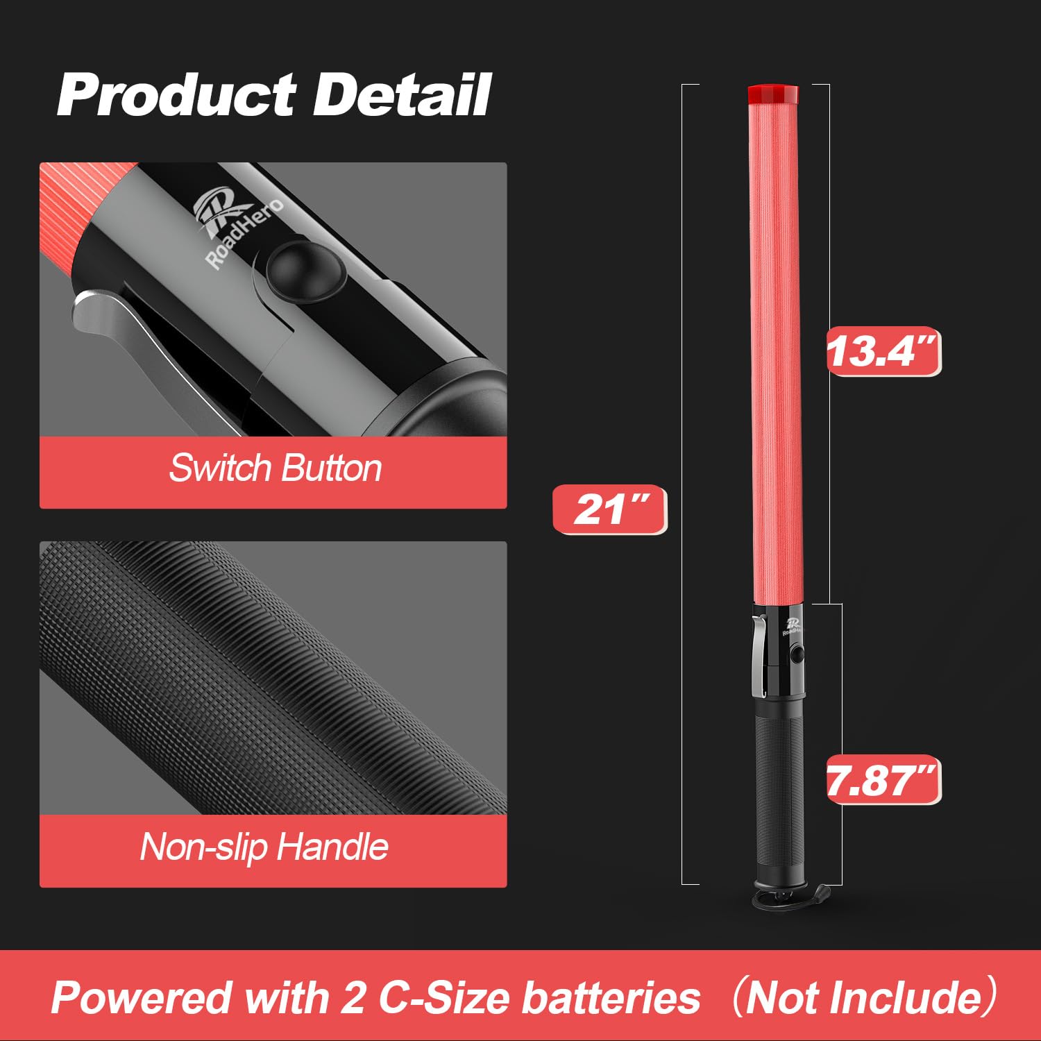Roadhero 2 Pack Traffic Wand, 21Inch Led Traffic Control Baton, Safety Light Wands With 2 Flashing Modes, Air Marshaling Signal Wand With Side Clip For Airport, Parking, Car Directing
