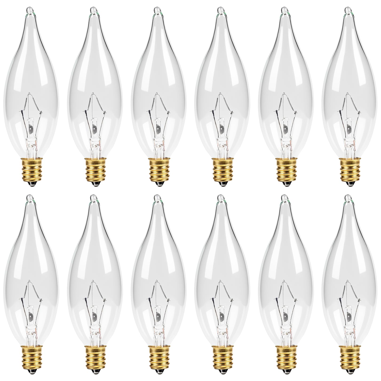 CYLYT 12-Pack E12 Candelabra Light Bulbs 40W  Warm White 2500K  380 Lumen Dimmable Chandelier Light Bulb for Ceiling Fan  CA10 Gold Base for Candle Bulbs  Clear Glass
