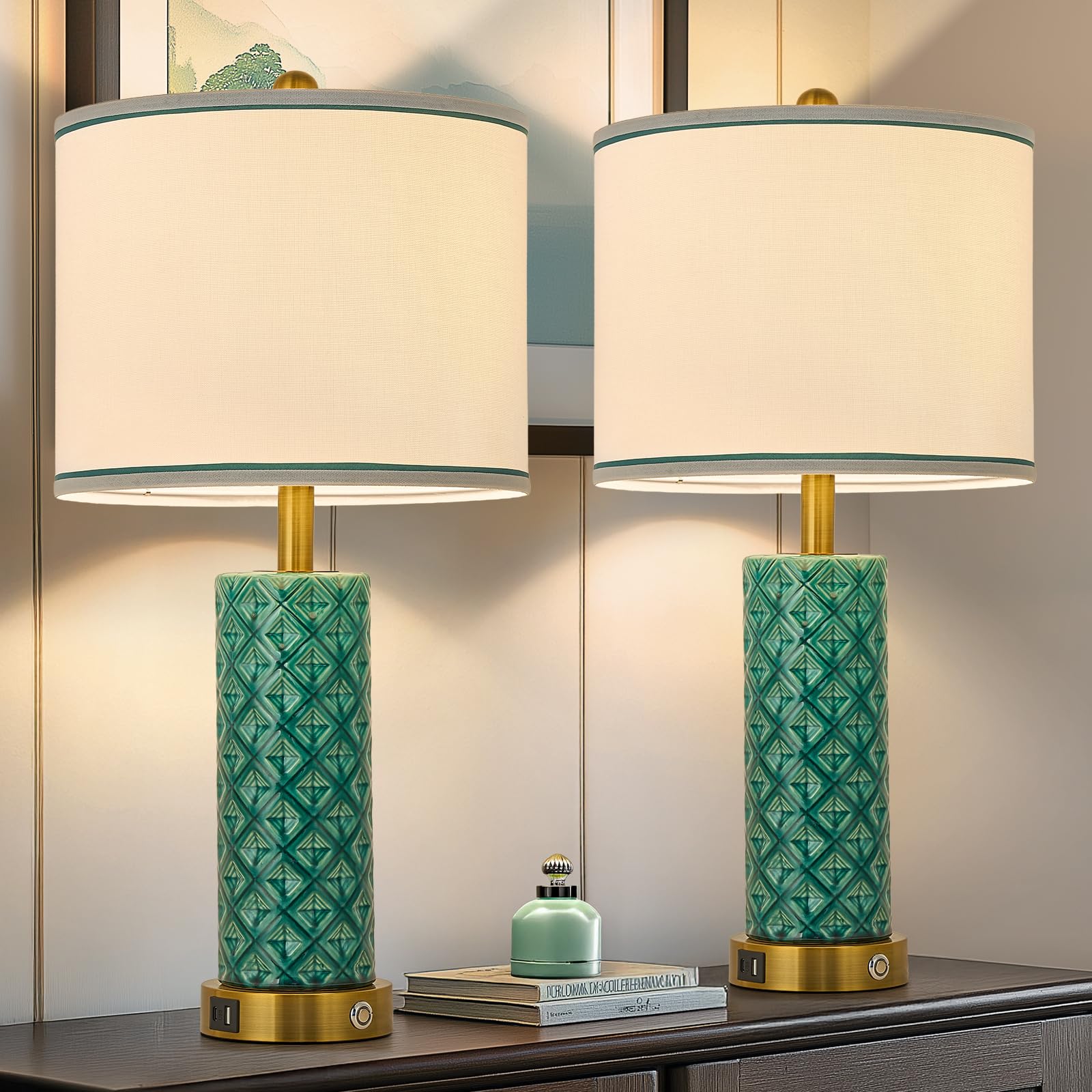 Bdayanx Set Of 2 Table Lamp For Living Room Bedroom Farmhouse,26'' Touch Control Bedroom Turquoise Ceramic Lamps 3-Way Dimmable 