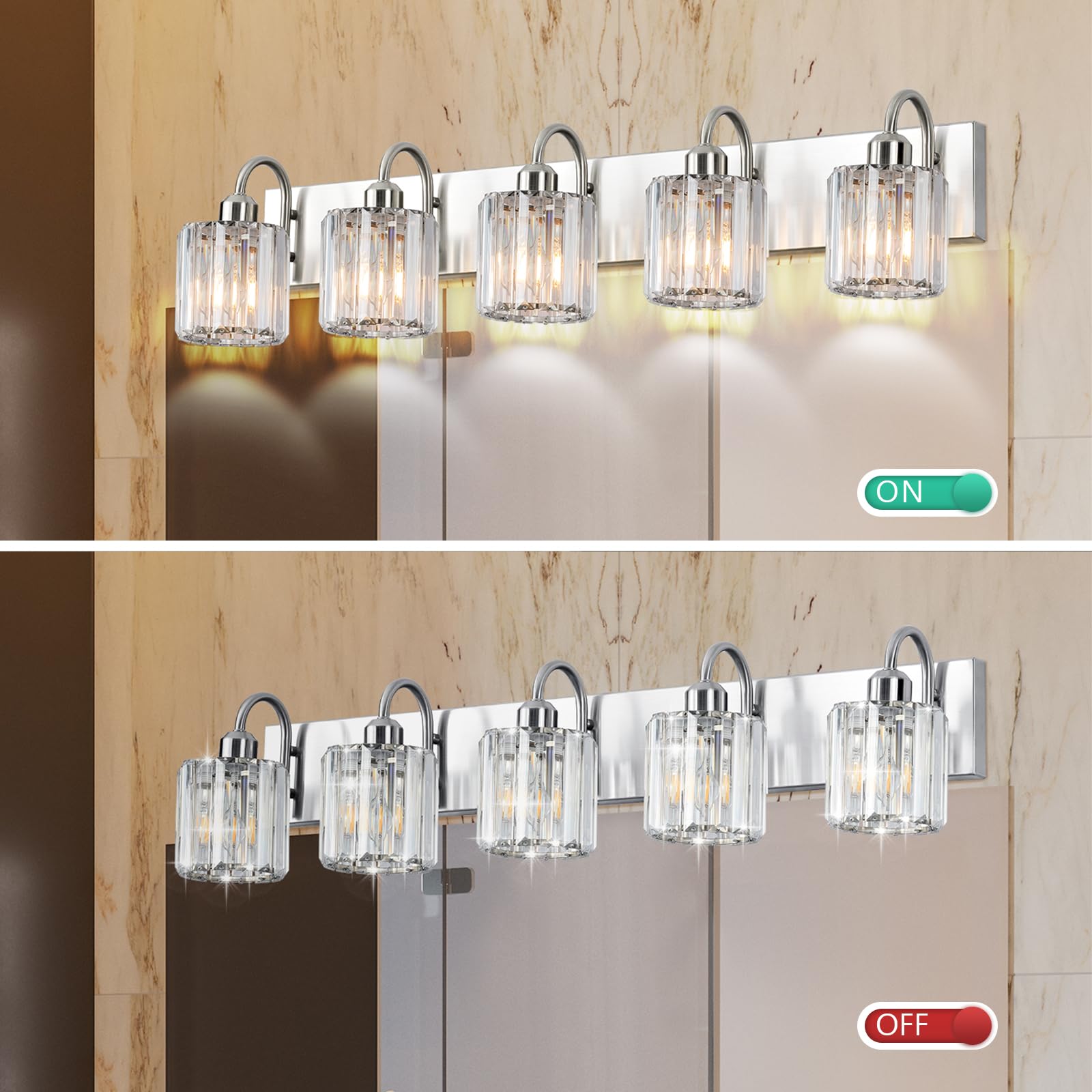 Valytime 5 Light Bathroom Vanity Light, Brushed Nickel, Stainless Steel and Crystal, Over Mirror Fixture