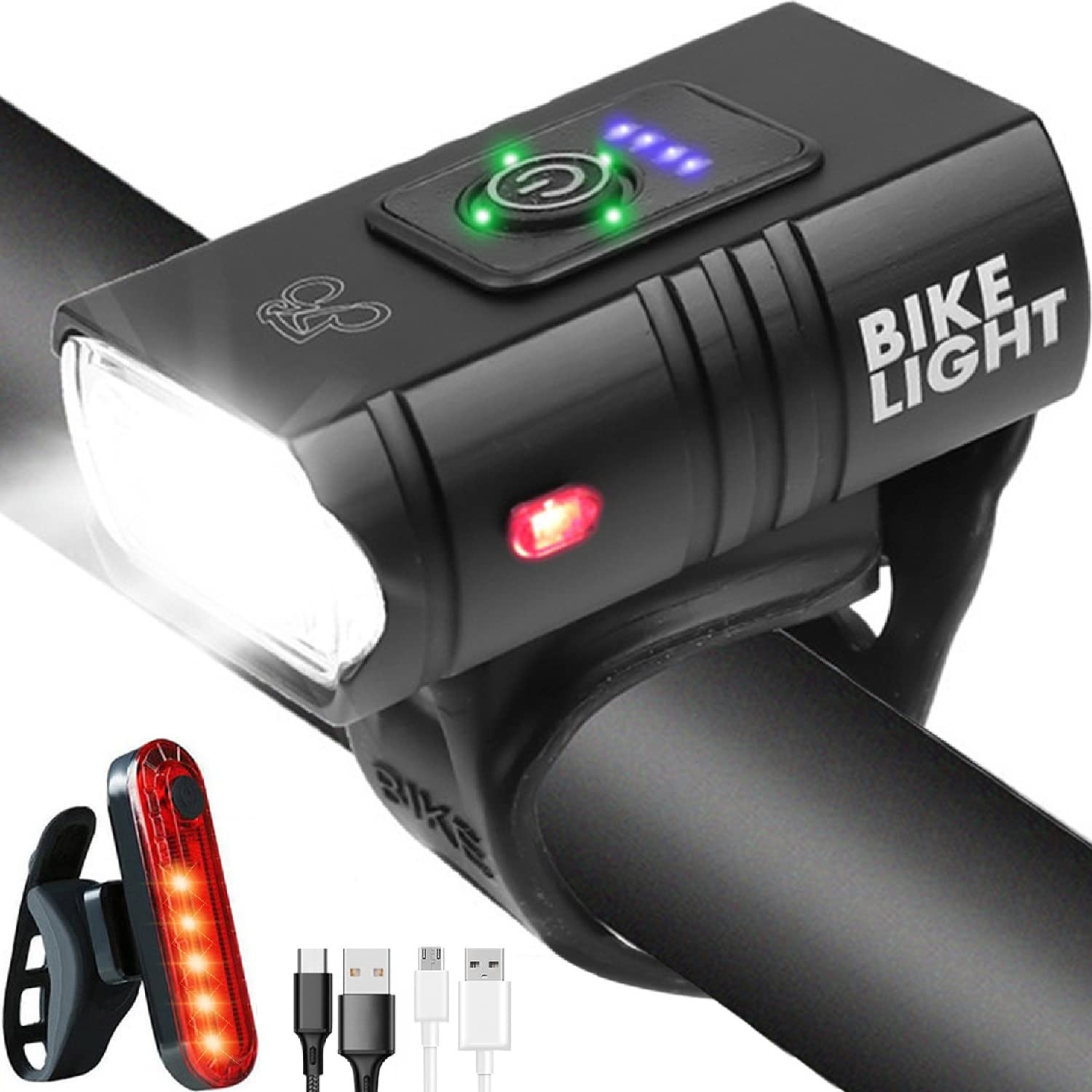 Victoper Bike Light Set - High Lumens USB Rechargeable Headlight & Tail Light, Waterproof, Matte Black, Model BL-2, 2 LED Modes