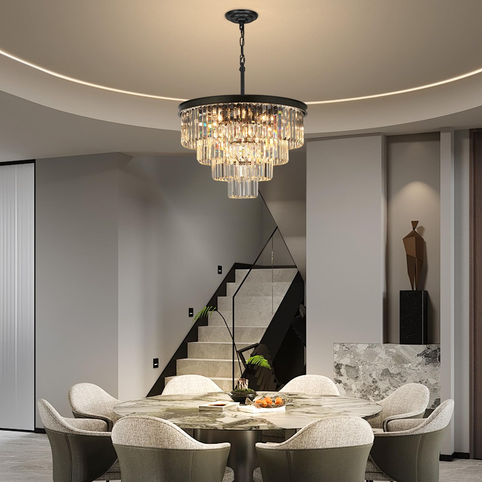 Weesalife Crystal Chandeliers - 15 Lights Black Modern Fixture, 24" Round Lighting for Dining Room, Living Room, Bedroom, Kitchen